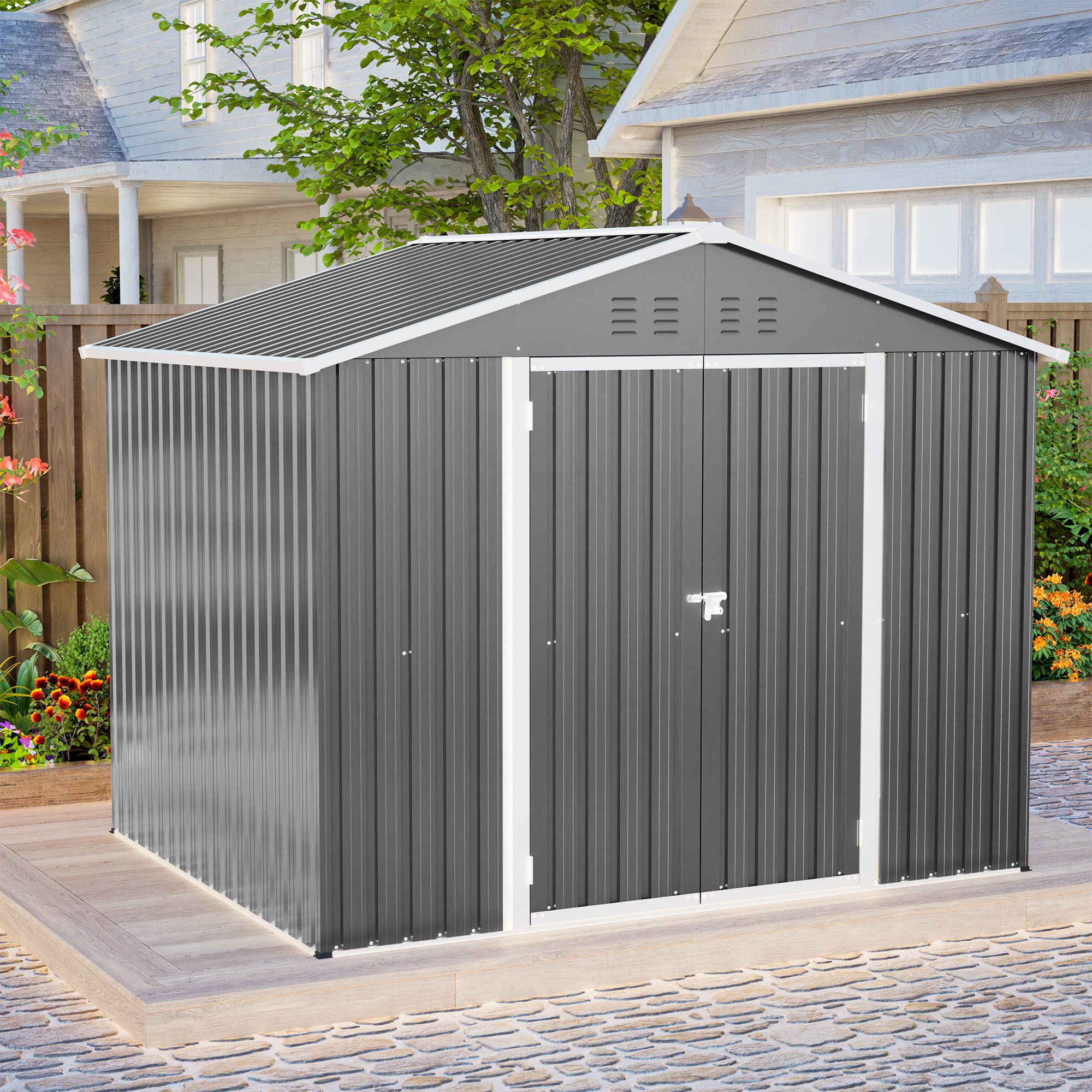 BlingBin Gerätehaus Gartenhaus Geräteschuppen mit Doppeltüren & Schloss, BxT: 240x180 cm, (1 St., mit Doppeltüren & Schloss), wasserfester Lagerraum für Terrasse/Hinterhof inkl. Boden