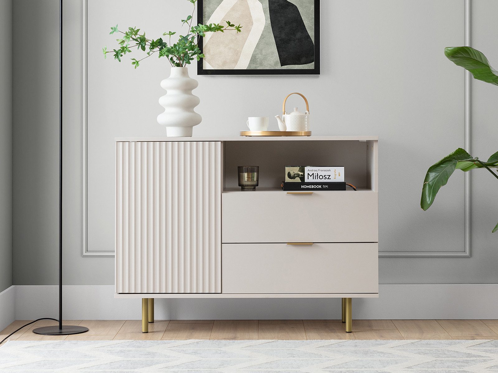 Kommode mit Lamellen und 2 Schubladen, gold Griffe NUBIA