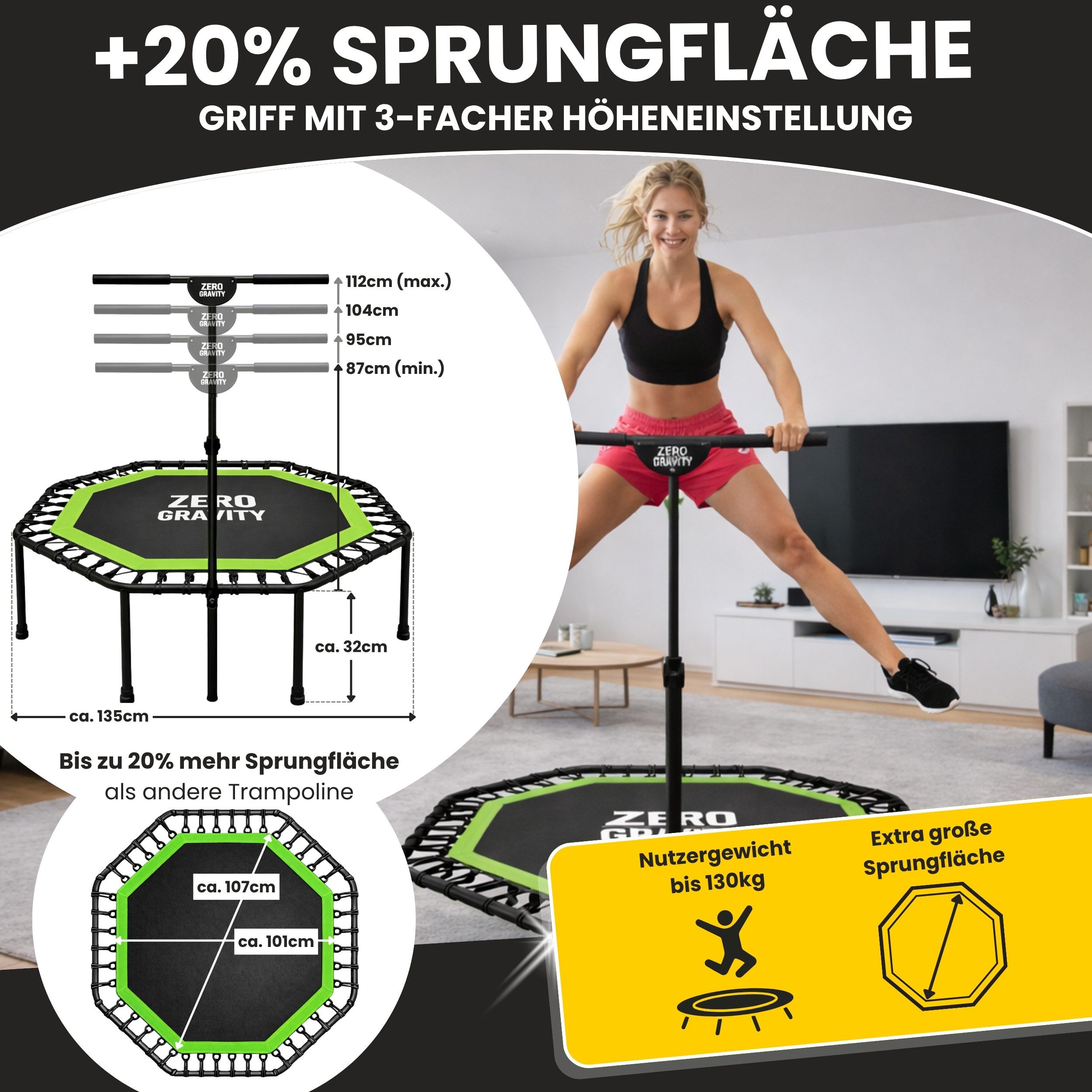 Zero Gravity Fitnesstrampolin mit großer Sprungfläche • Höhenverstellbarer Haltegriff • Bis 130kg, Ideal für Jumping Fitness, Leise Bungeeseilfederung, 9 Standbeine