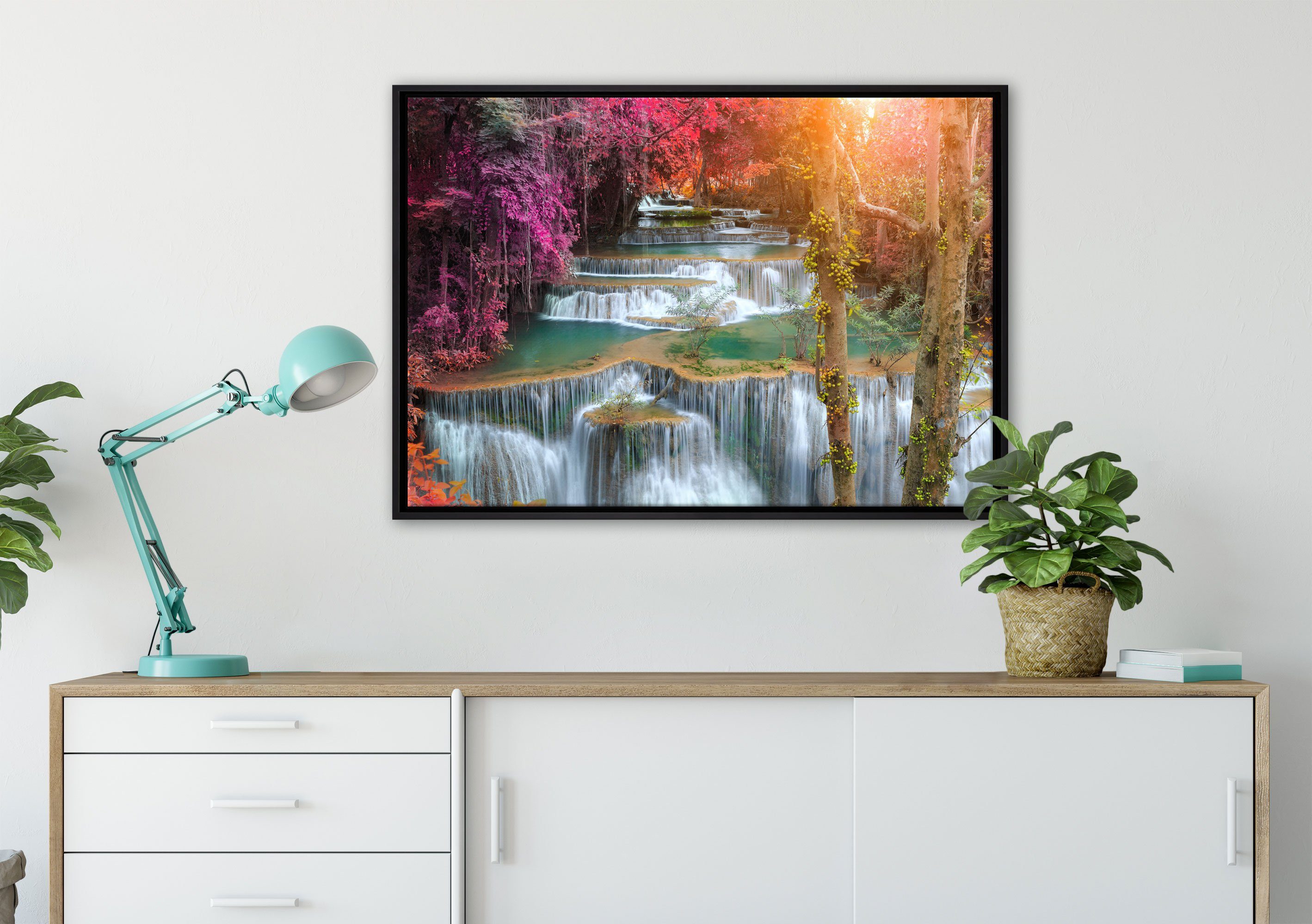 Pixxprint Leinwandbild Wasserfall im Regenwald, (1 Wanddekoration einem St), bespannt, gefasst, inkl. Leinwandbild Zackenaufhänger Schattenfugen-Bilderrahmen fertig in