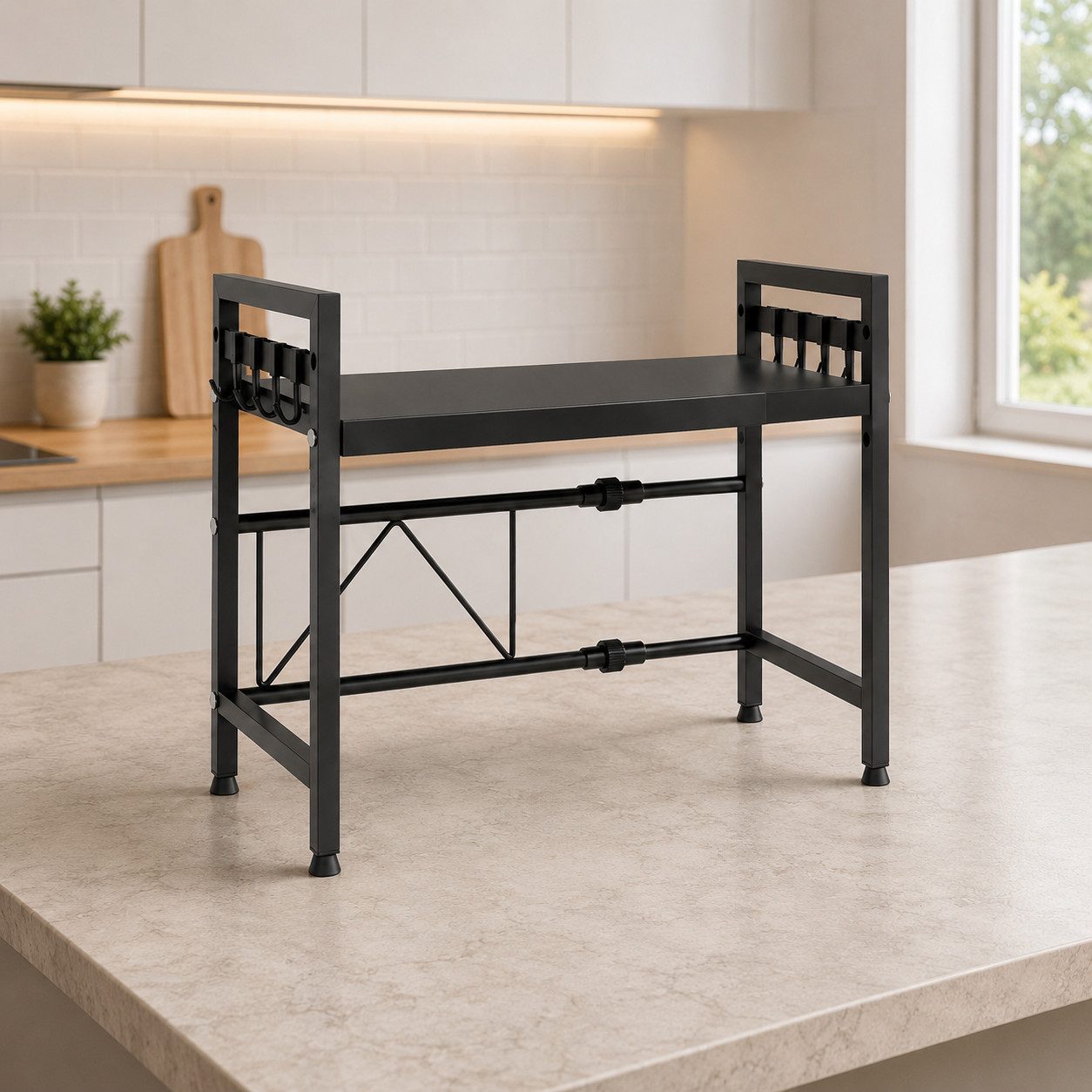 Best for Home Regaleinsatz Mikrowellenregal, Küchenaufbewahrungsorganizer mit 8 Haken, schwarz