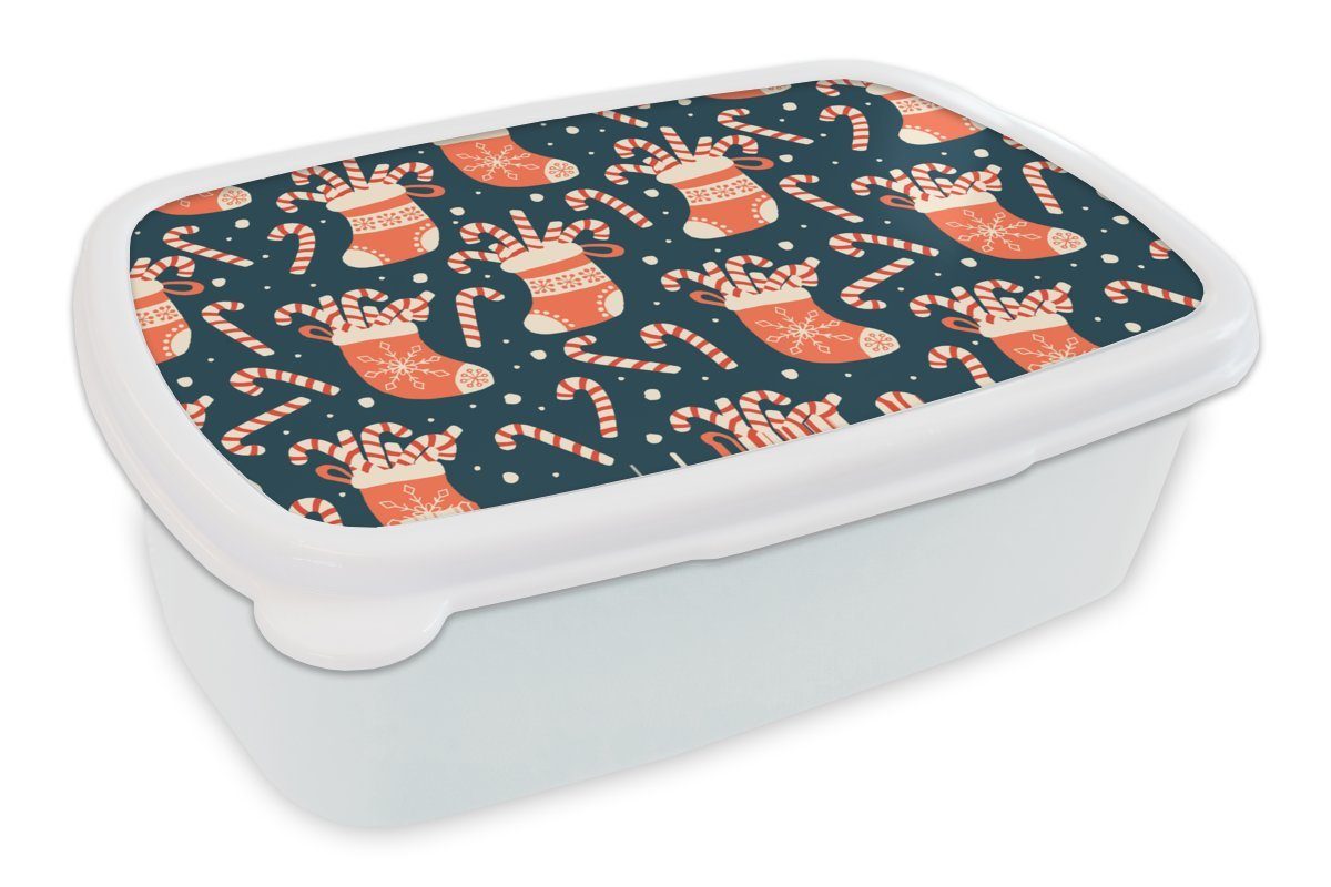 MuchoWow Lunchbox Socken - Süßigkeiten - Weihnachten - Schnittmuster, Kunststoff, (2-tlg), Brotbox für Kinder und Erwachsene, Brotdose, für Jungs und Mädchen weiß