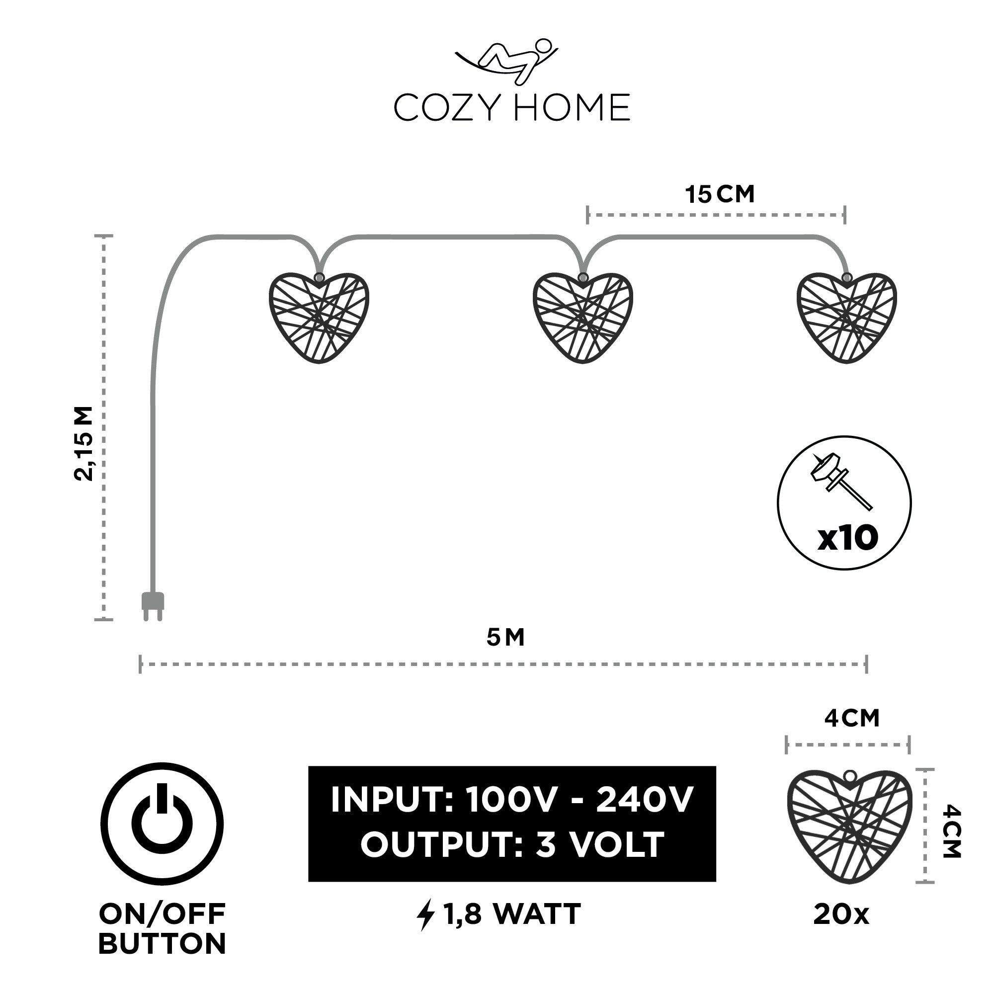 COZY HOME LED-Lichterkette Herz Lichterkette Batterie und Stecker -, 20 LEDs I 5 Meter I Timer-Funktion I Warmweiß I Lichterkette Innen – Bild 4 von 5