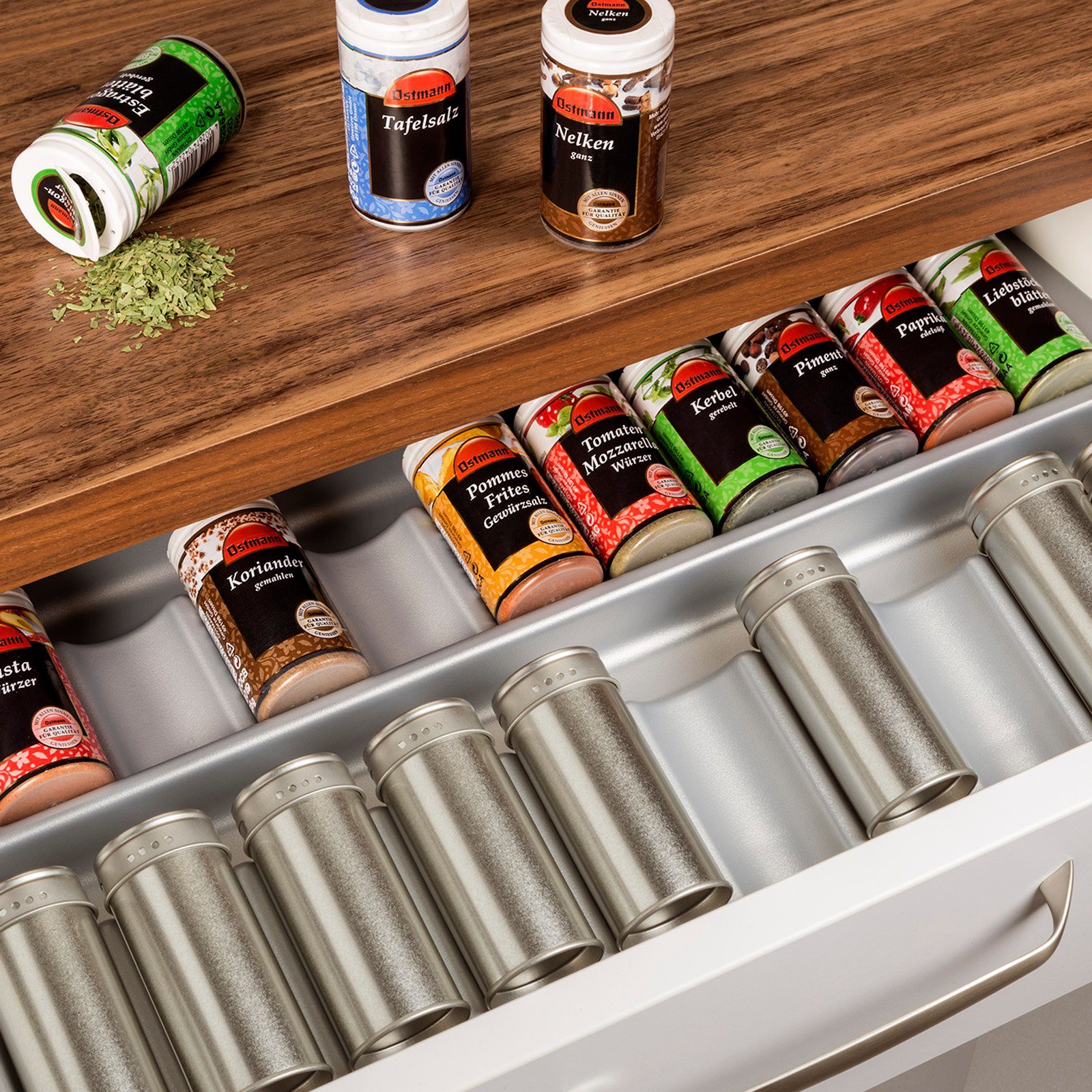 SO-TECH® Schubladeneinsatz ORGA-BOX Gewürzgläsereinsatz grau für 60er Schrank, 513 x 28 x 473 mm silbergrau für Blum 60er Korpusbreite