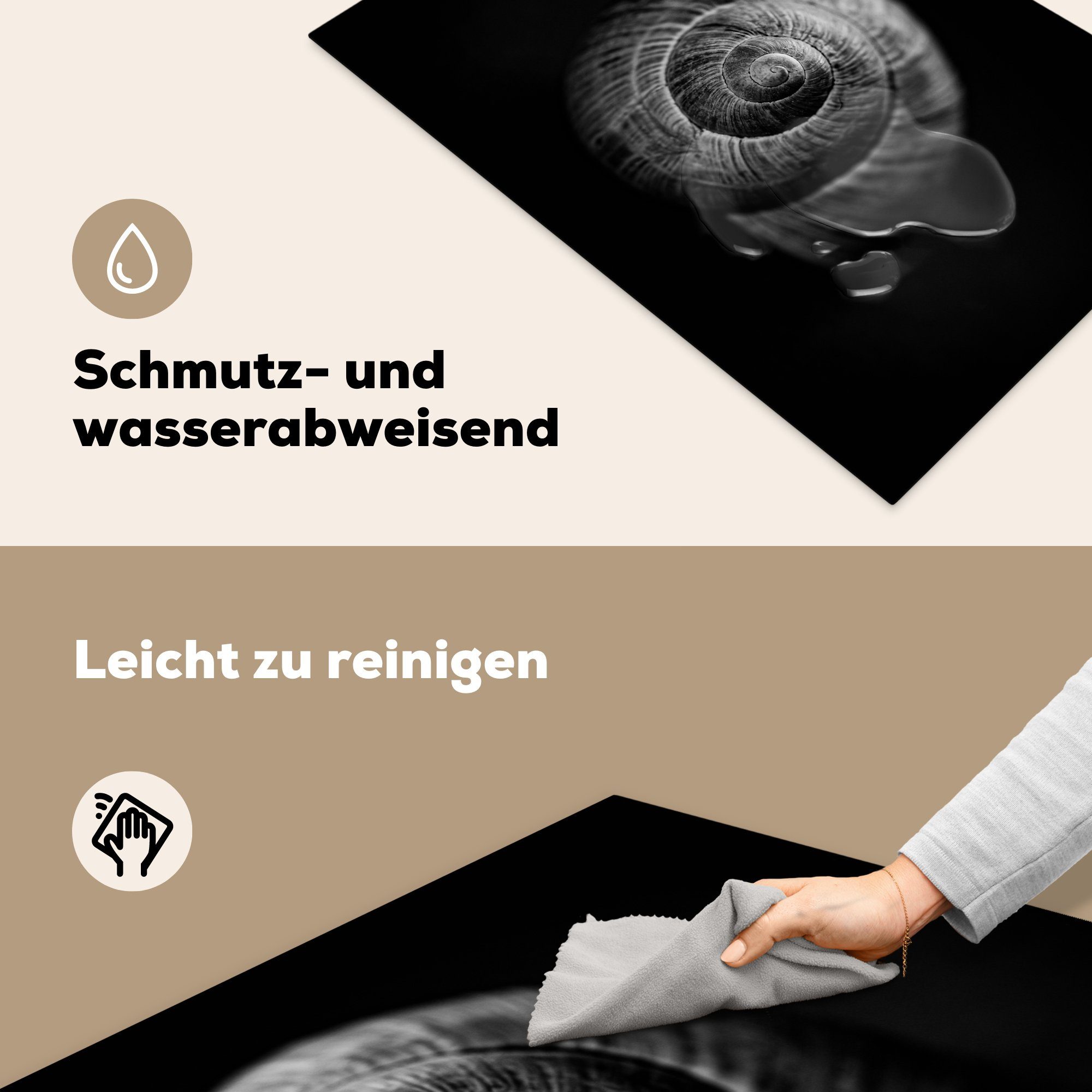 für - Vinyl, Arbeitsplatte 81x52 (1 Schneckenhaus, Ceranfeldabdeckung, cm, Weiß Schnecke Herdblende-/Abdeckplatte Tiere Schwarz tlg), - MuchoWow - - küche