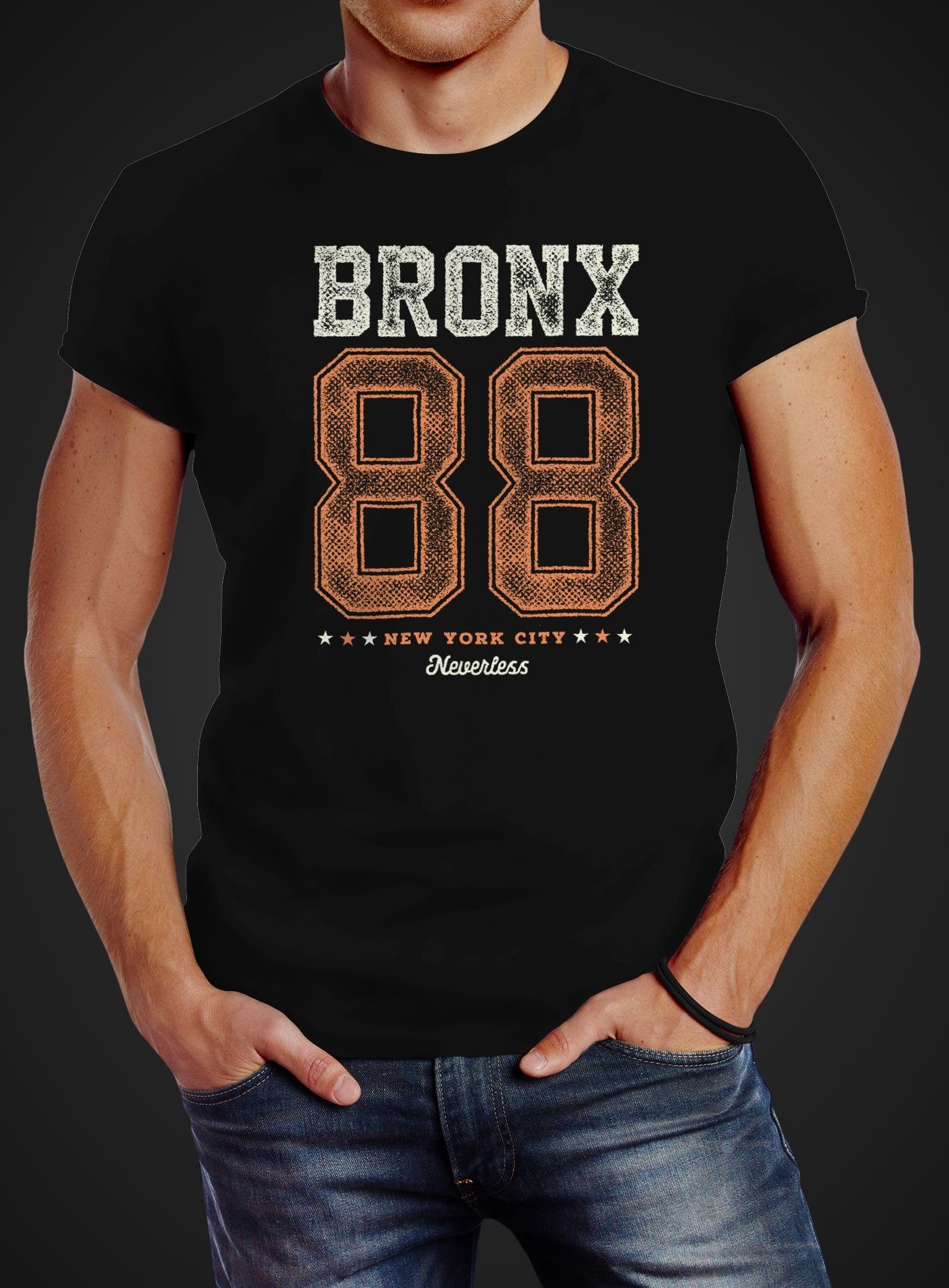 Fit City Slim mit Print 88 Print-Shirt Herren Aufdruck Neverless® Print New Bronx T-Shirt Neverless York