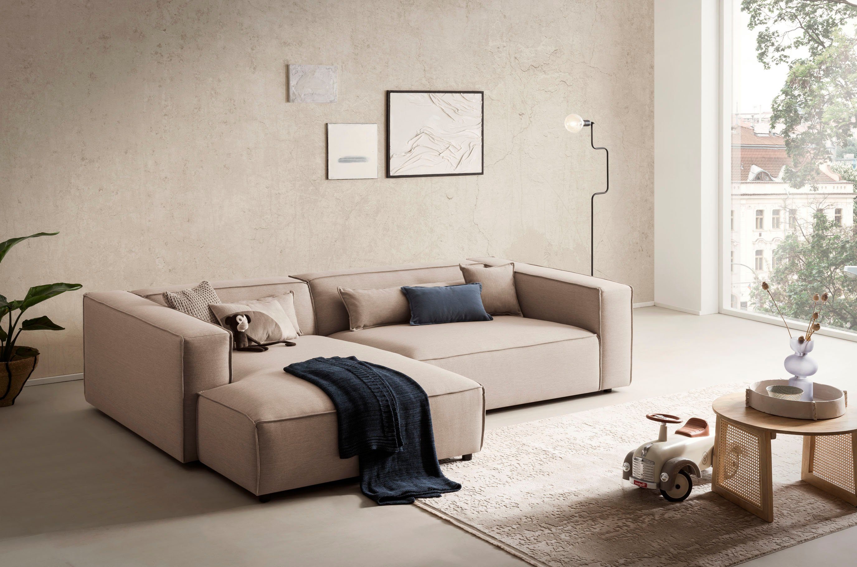 LeGer Home by Lena Gercke Ecksofa PIARA XXL, Big-Sofa, Cord, Leinenoptik o. Strukturstoff, L-Form, wahlweise Ottomane rechts/links, Kedernaht, extra tiefe Sitzfläche