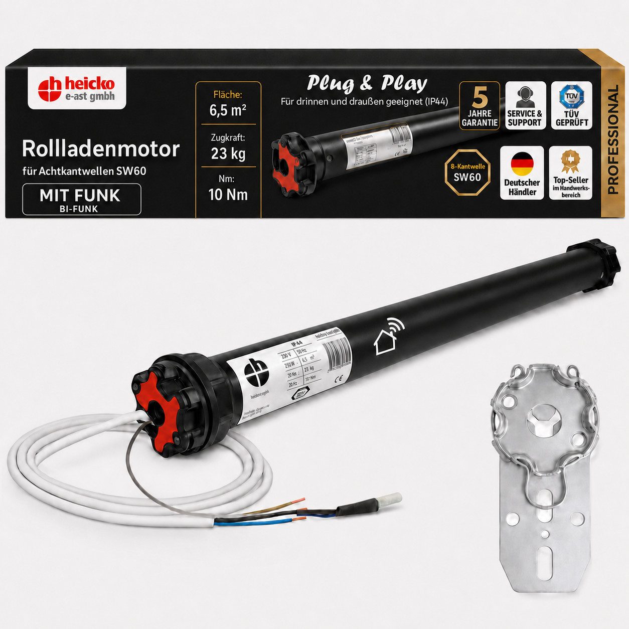 heicko e-ast GmbH Rollladenmotor Rolladenmotor Professional 10Nm SW60 mit Funk, Rohrmotor SW60, 10 Nm, max. 23 kg Zugkraft, mechanisch