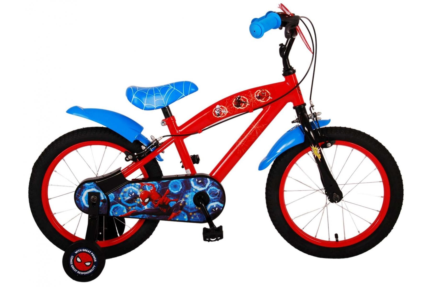 Volare Kinderfahrrad Volare Ultimate Spider-Man - Jungen - 16 Zoll – Blau/Rot, Geschlossener Kettenschutz, abnehmbare Seitenräder