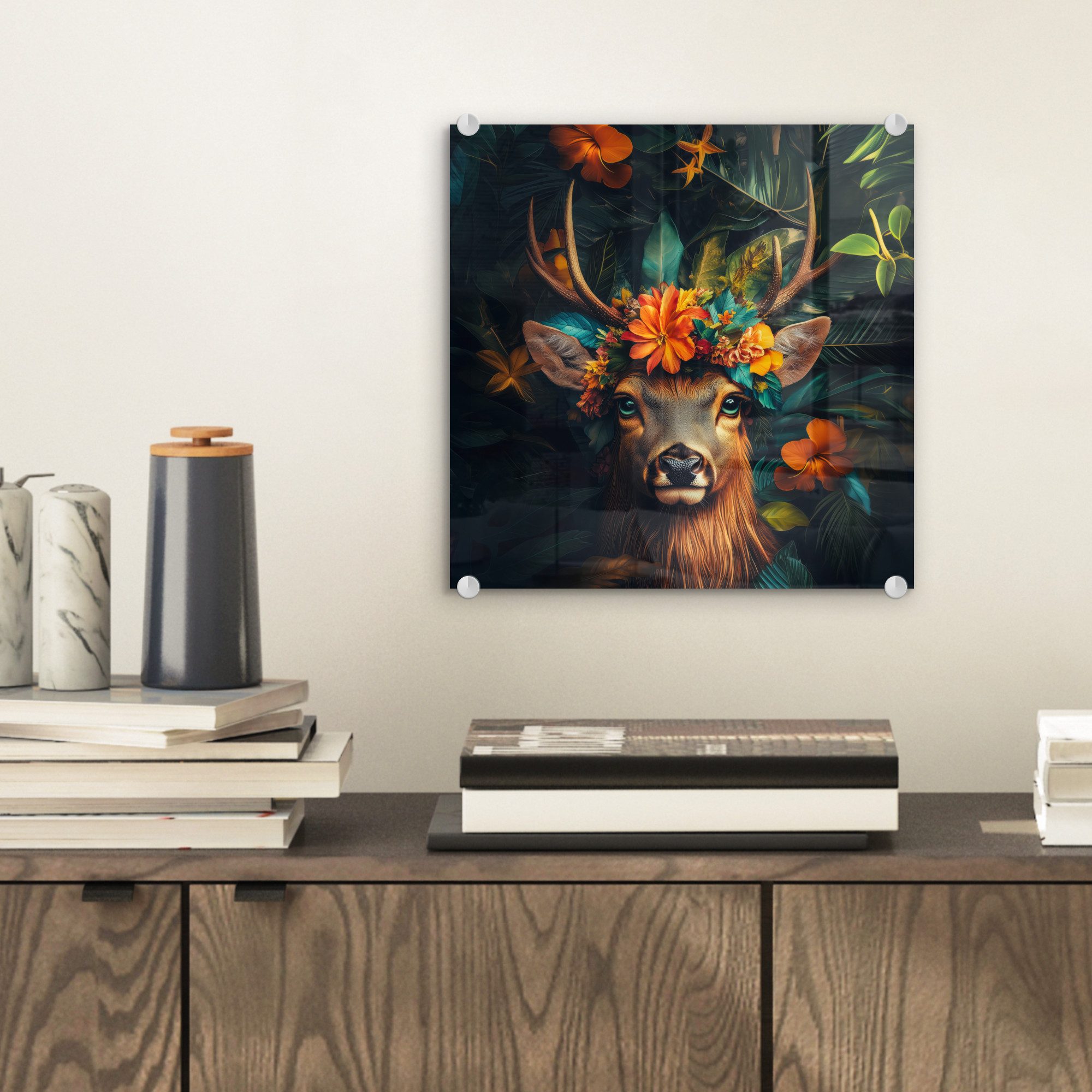 MuchoWow Acrylglasbild Hirsche - Blumen - günstig online kaufen