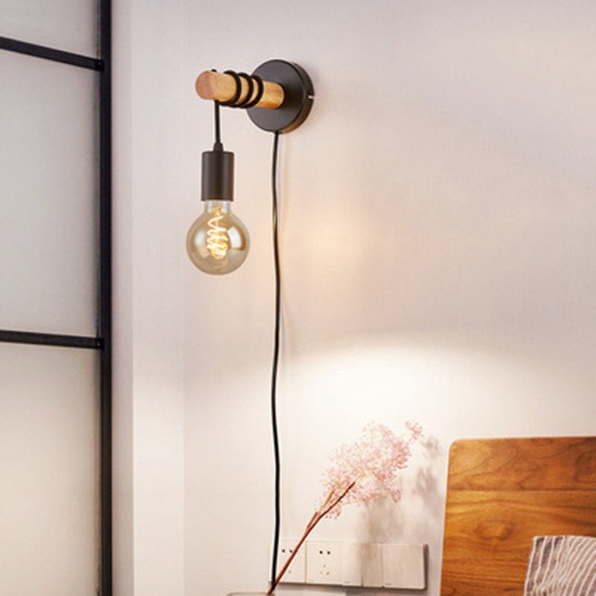 Schlafzimmer,Wohnzimmer,E27-Lampenfassung, für LED Vintage-Charme Leuchtmittel, ohne DOPWii Wandleuchte Retro Wandlampe aus Holz