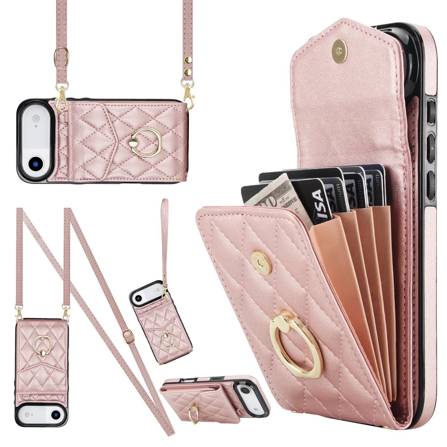 Wigento Handyhülle Für Apple iPhone 17 Air Crossbody Kunstleder Rhombic Hülle Rose Gold, Mit Kartenfächern, RFID-Schutz, Gurt