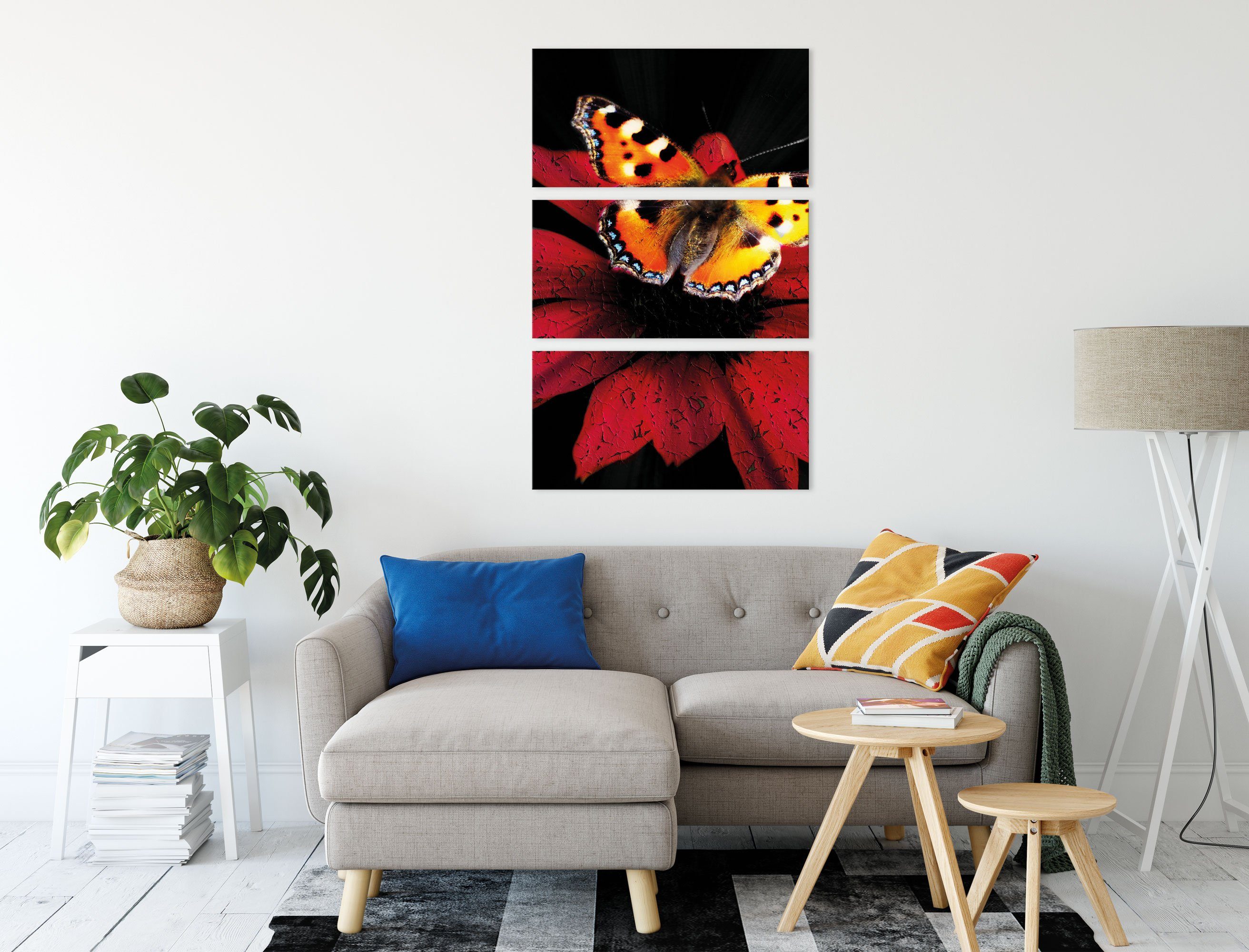 Pixxprint Leinwandbild Schmetterling inkl. roter Zackenaufhänger Leinwandbild roter Blüte auf (120x80cm) 3Teiler bespannt, Blüte, fertig Schmetterling St), (1 auf
