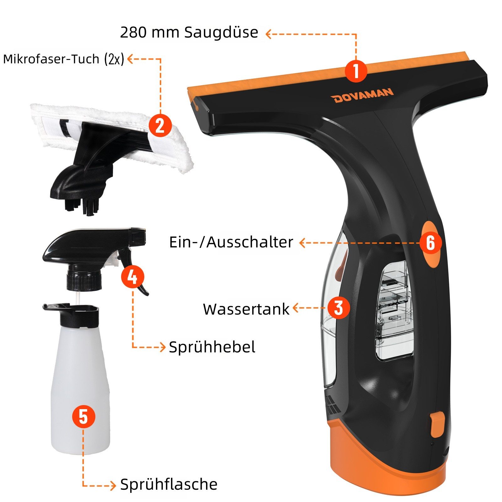 DOVAMAN Akku-Fenstersauger 30 Min Laufzeit, 280 mm Düse, 150 ml Tank, Sprühflasche & 2 Tüchern