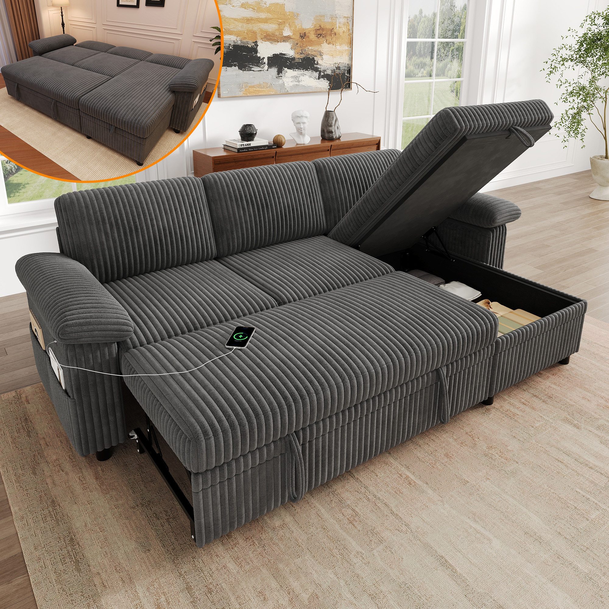 Merax Ecksofa mit Schlaffunktion, ausziehbares Schlafsofa mit Stauraum-Ottomane, links/rechts montierbar Ecksofa Couch 1 Teile, Sofa mit verstellbarer Rückenlehne, USB/Type-C Ladeanschluss,Cordstoff