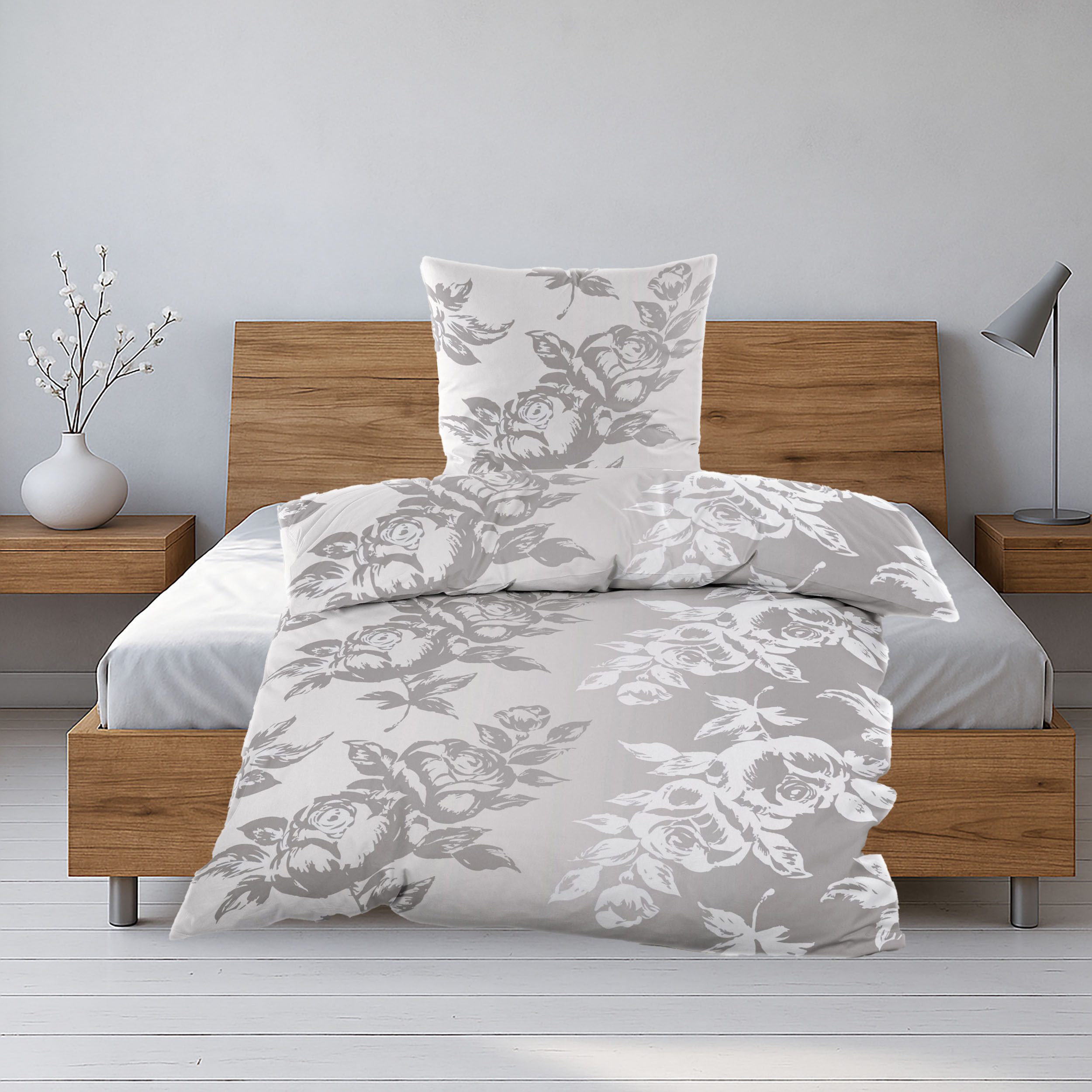 Casa Colori Bettwäsche Biber 135x200 cm mit Reißverschluss aus Baumwolle, Biber, 2 teilig, Grau mit Rosen Blumenmuster