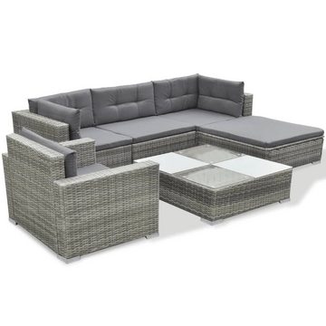 vidaXL Garten-Essgruppe 6-tlg Garten-Lounge-Set mit Auflagen Polyrattan Grau