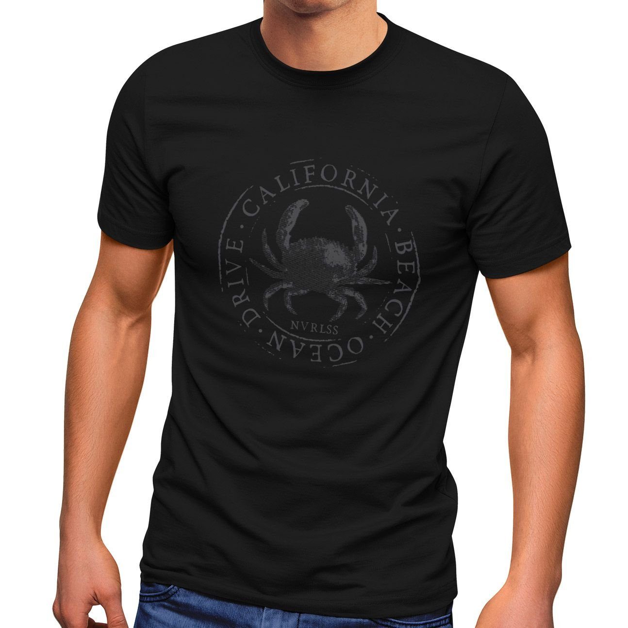 Neverless Print-Shirt Herren T-Shirt California Beach Crab Krabbe Krebs Ocean Drive Sommer Fashion Streetstyle Neverless® mit Print schwarz