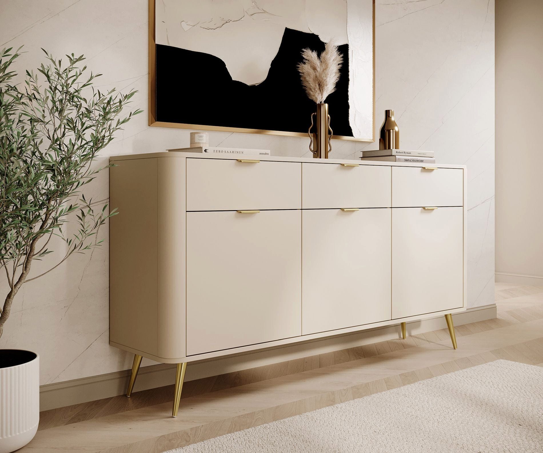 Selsey Sideboard OVAL, 3-türig mit 3 Schubladen, 6 Fächern, goldenen Griffen, 164 cm