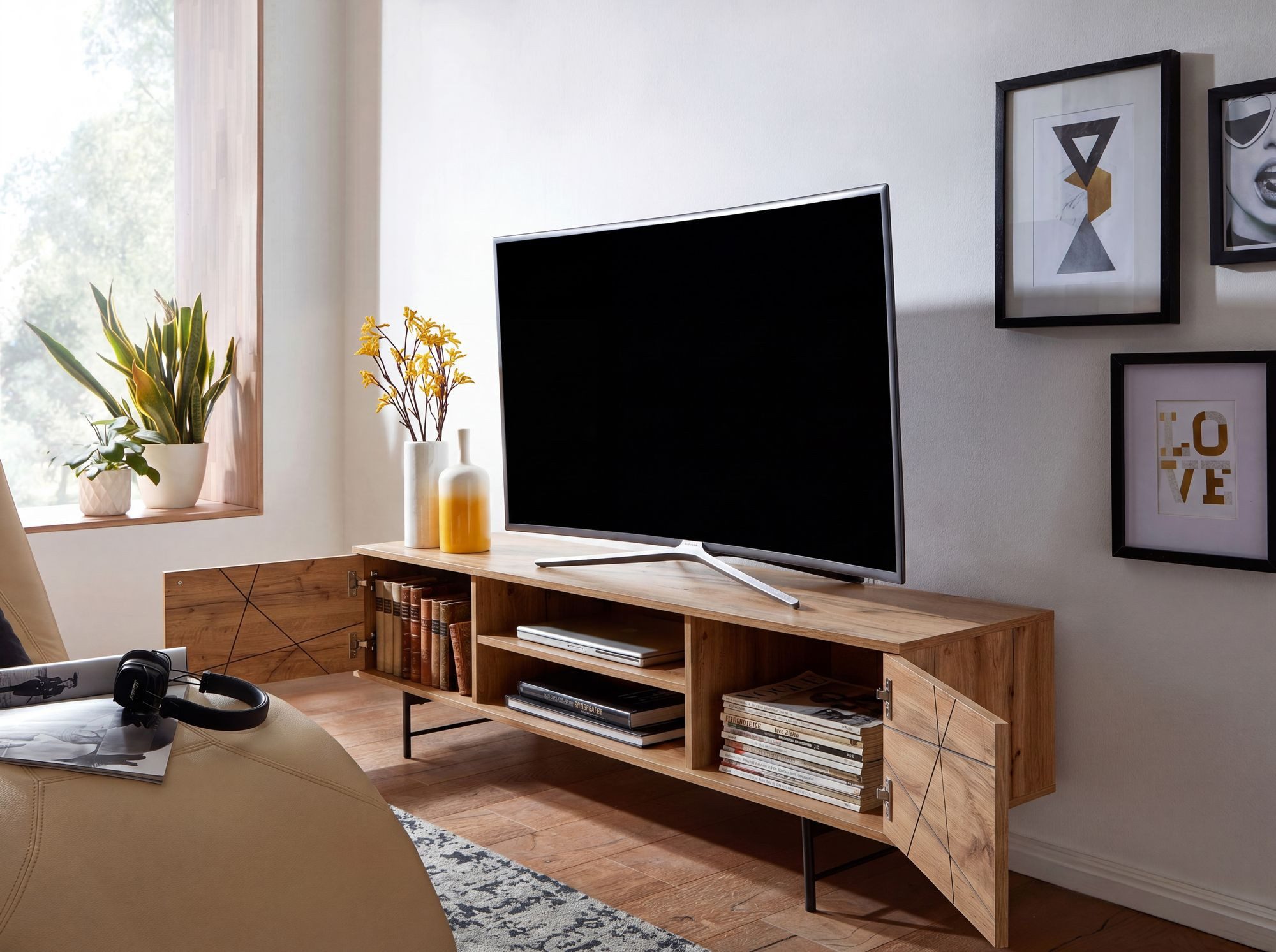 FINEBUY Lowboard FB76449 TV-Board Kommode 160cm MDF Eiche Dekor Design mit 2 Türen (Holz Eiche-Dekor 160x45x40 cm mit zwei Türen), TV-Kommode Hoch, Fernsehtisch, TV-Schrank Modern