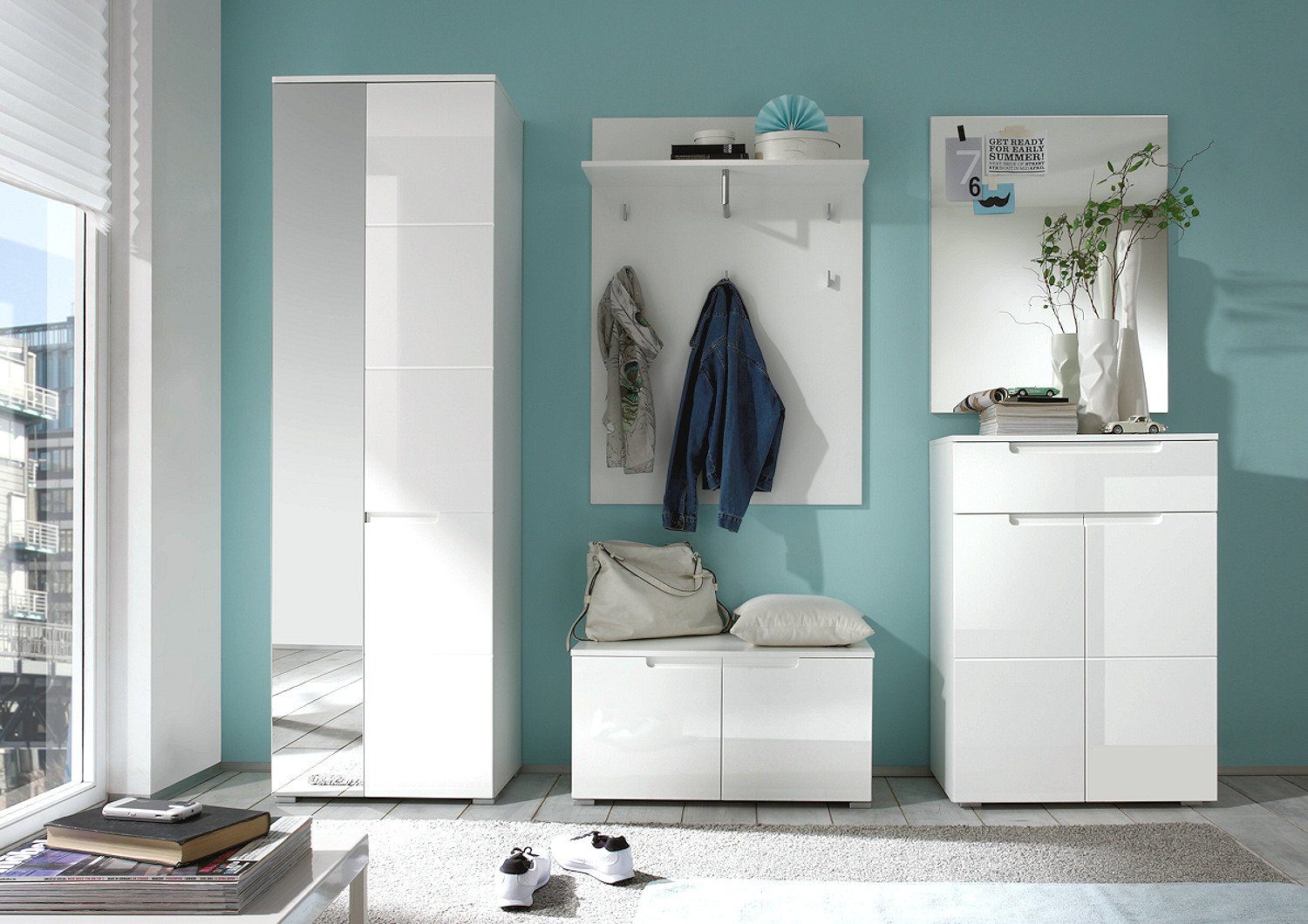 moebel-dich-auf Garderoben-Set SLICE, (Komplett-Set, 5-St., Garderobenschrank + Paneel + Bank + Spiegel + Schuhkommode), Front MDF weiß Hochglanz