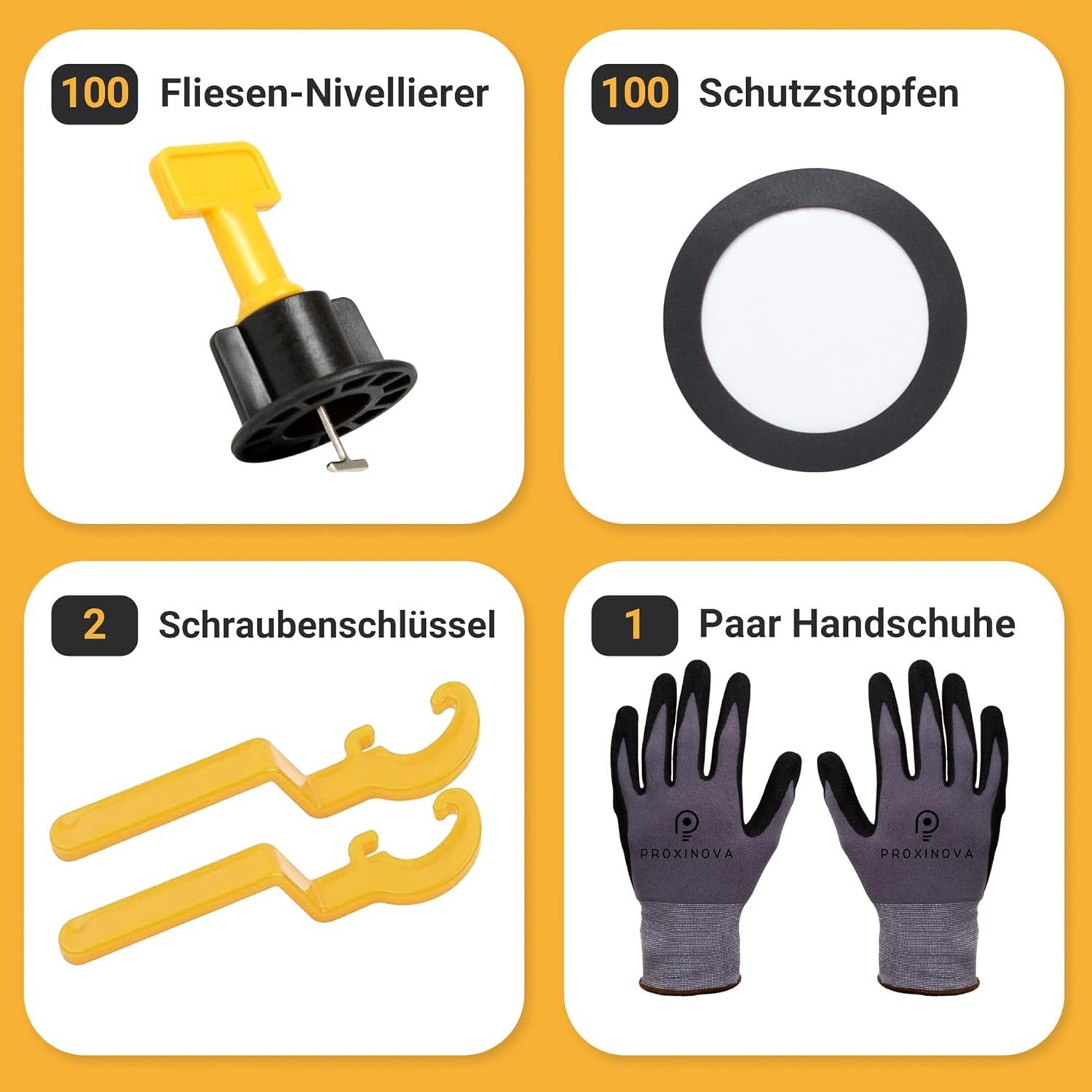 Proxinova Nivelliersystem Kit 100pcs Fliesenabstandhalter, Kratzschutz-System (100-St) 2 Schraubenschlüssel, Arbeitshandschuhe, 100 T-Stifte