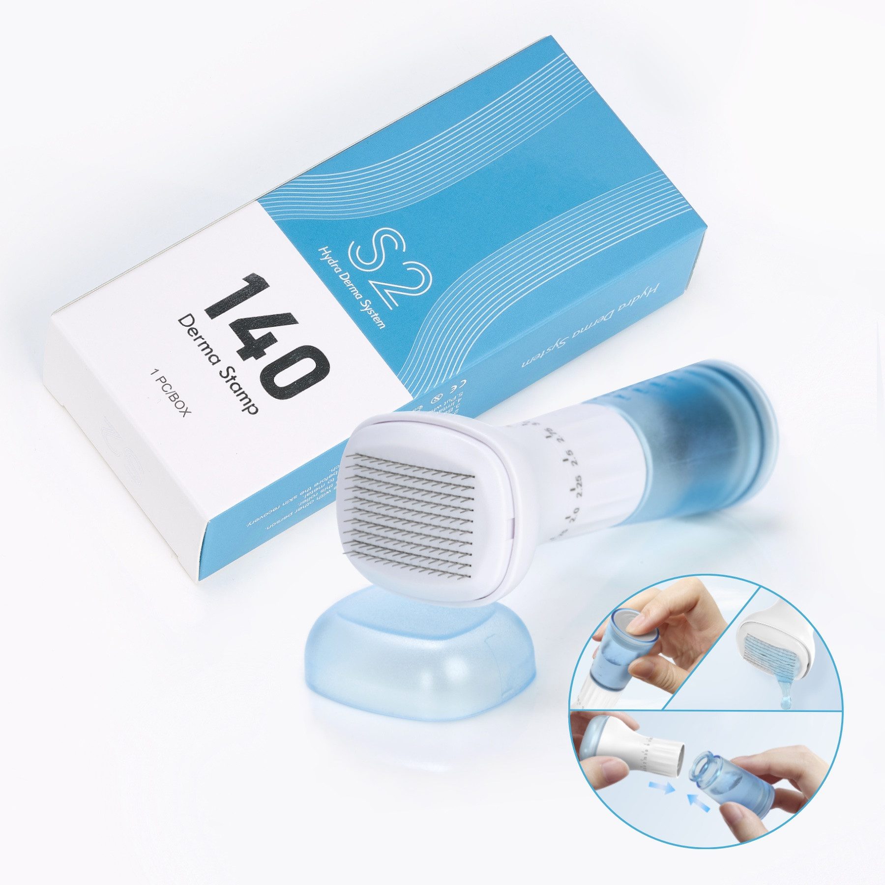 P-Beauty Cosmetic Accessories Micro-Needling Derma Stamp Dermapen Mesoroller 140 Edelstahl Nadeln mit Serumtank, 1-tlg., Falten, Flüssigkeitszufuhr, Frühzeitige Alterungsanzeichen