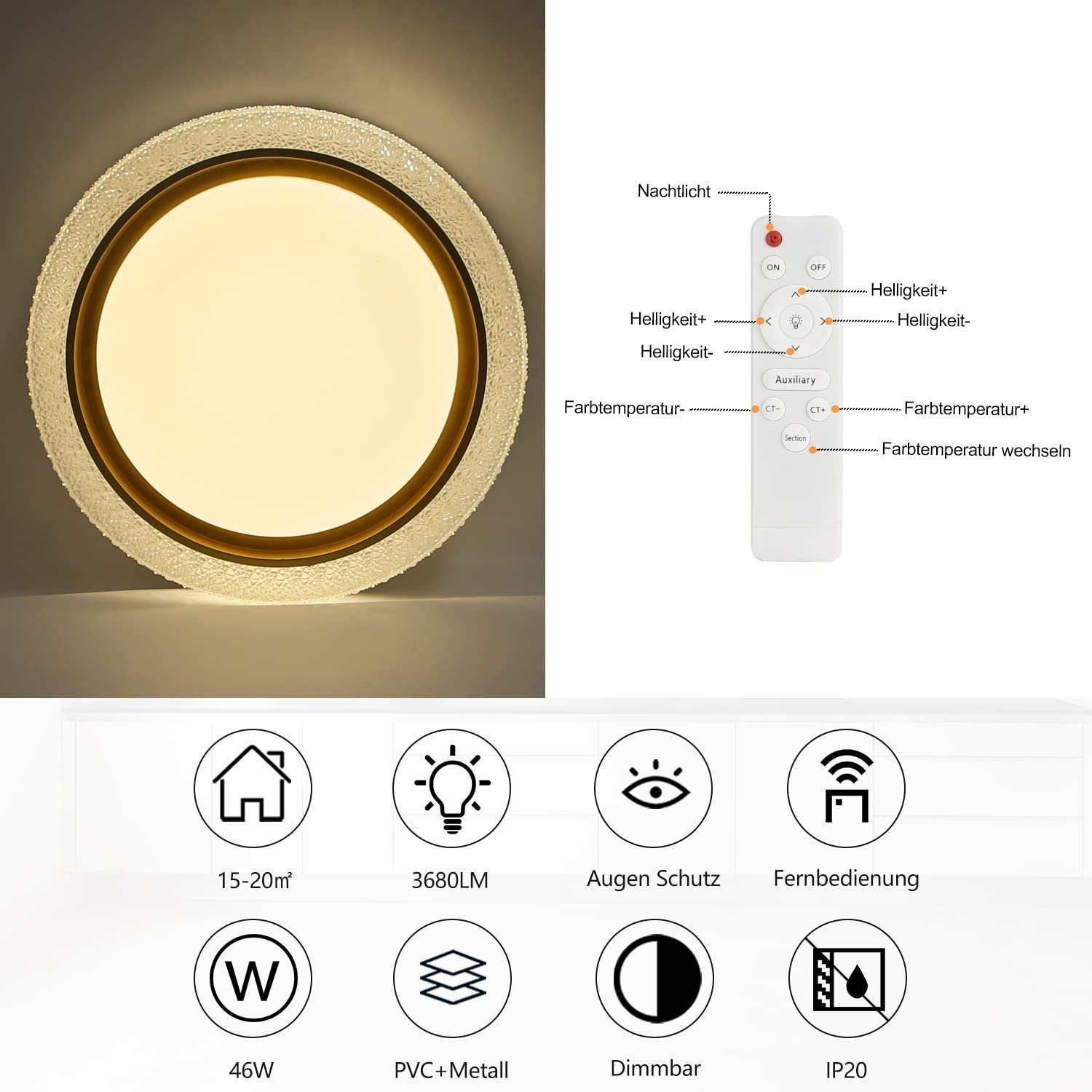 ZMH LED Lampe ∅40cm Deckenleuchte Dimmbar, Tageslichtweiß, LED mit Fernbedienung, fest Kristall integriert