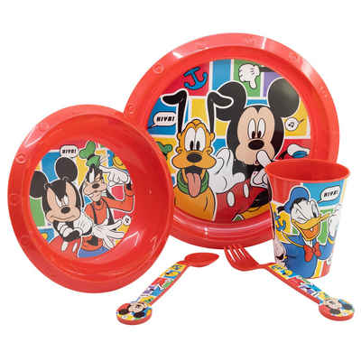 Disney Kindergeschirr-Set Disney Mickey Maus Kinder Geschirr-Set 5 teilig (5-tlg), 1 Personen, Kunststoff, Becher Teller Schüssel Besteck