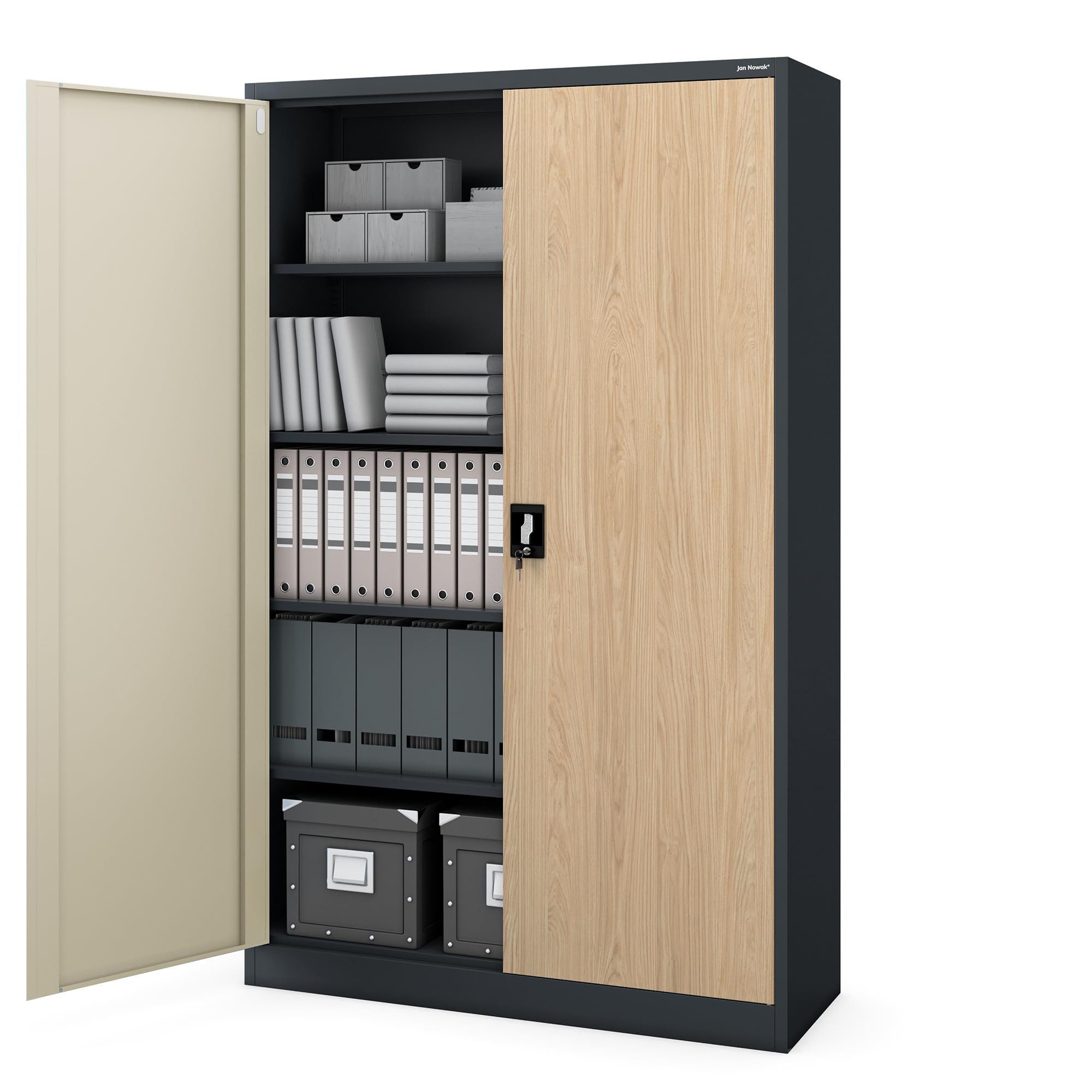 Jan Nowak Aktenschrank Metall Büroschrank abschließbar 115 cm JAN II 5 Böden Stahl (Ordnerschrank Kanzlei Praxis Büro Sozialraum Kleiderstange, Pulverbeschichtet 0,6 mm 185 x 115 x 45 cm Wandmontage 60 Ordner) Schloss 2 Schlüssel robust langlebig 14 Farbe