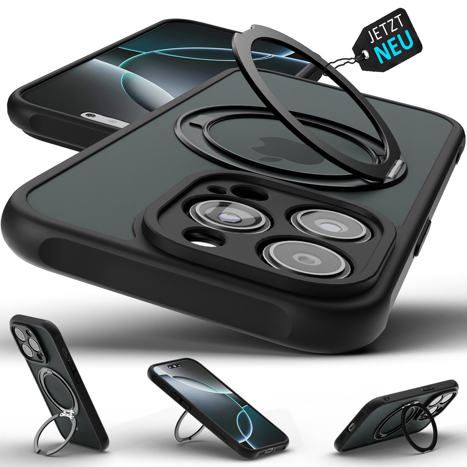 GreenHec Handyhülle Hülle iPhone 17 16 15 14 13 12 Pro Max Air MagSafe Case Cover Schwarz 7 Zoll, Black Frosted Schutzhülle Kameraschutz HandyHülle MagStand Plus