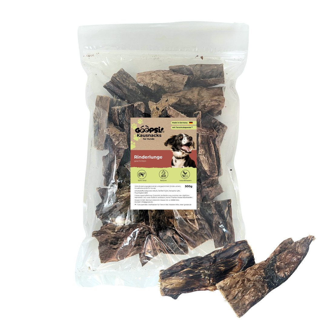 GOOPSI Rinderlunge geschnitten 500g - Kausnack aus 100 % Rind, getrocknet, Leckerli für: Hunde, Harter Kauartikel, Leckerli naturbelassen, Hundesnack zuckerfrei