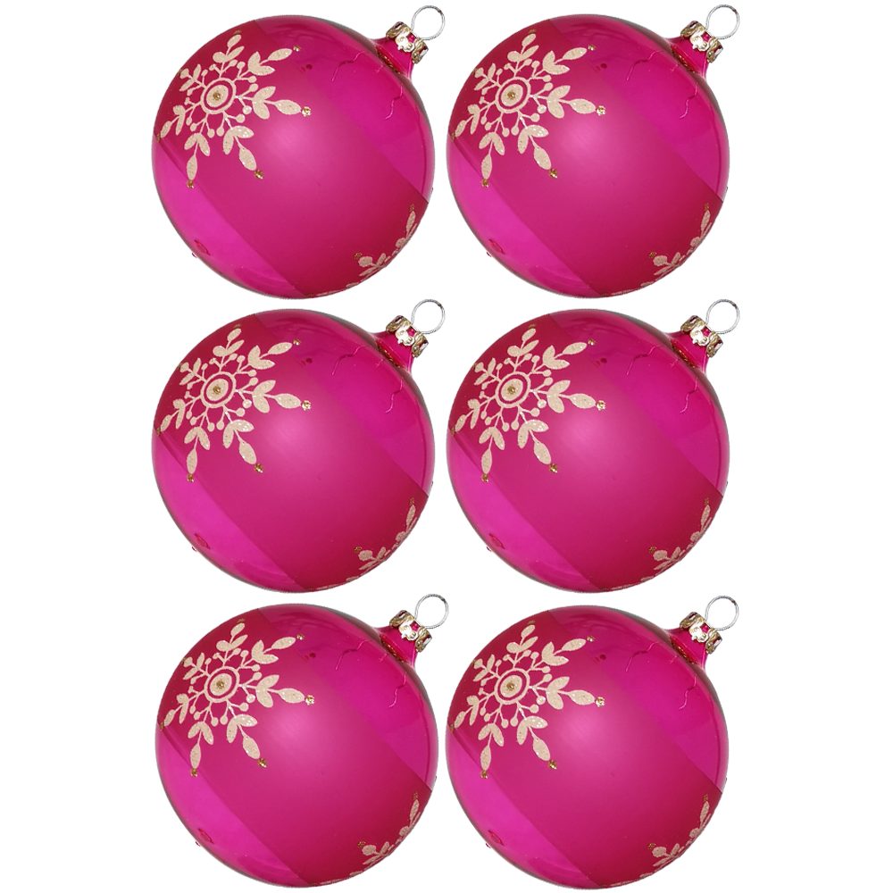 Thüringer Glasdesign Weihnachtsbaumkugel Weihnachtskugel-Set Kristallblüten pink (6 St), mundgeblasen, handdekoriert