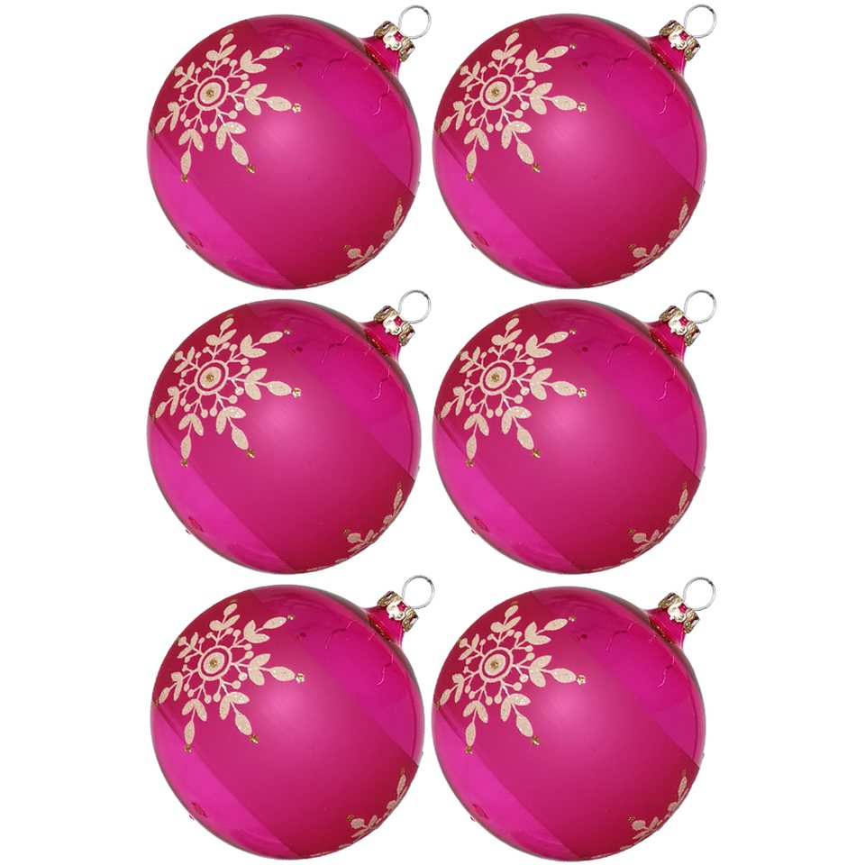 Thüringer Glasdesign Weihnachtsbaumkugel Weihnachtskugel-Set Kristallblüten  pink (6 St), mundgeblasen, handdekoriert