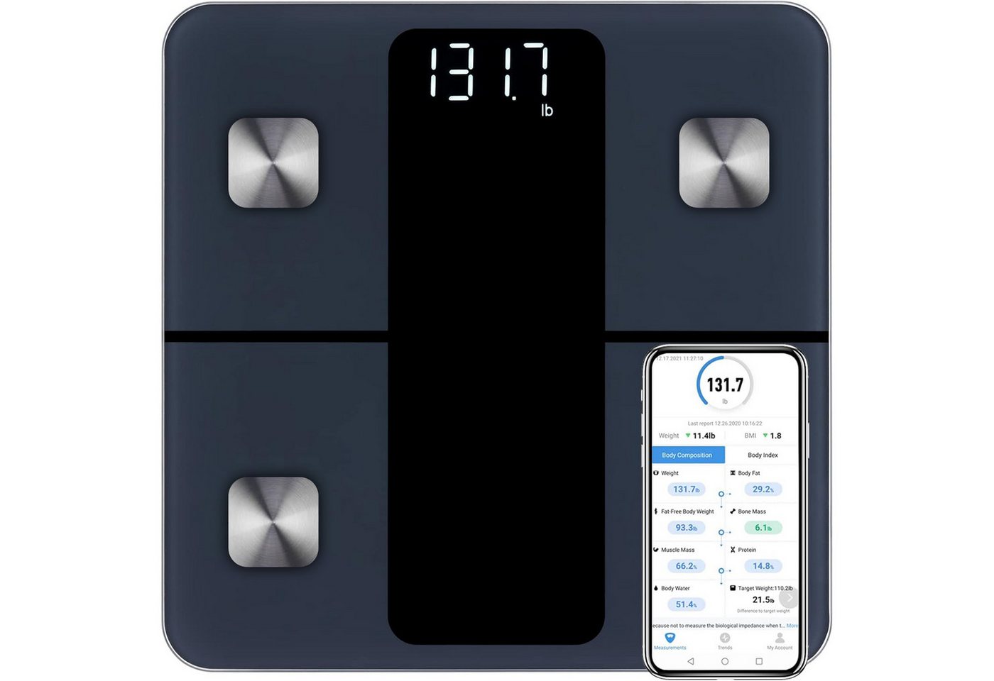 ibettertec Körper-Analyse-Waage Digitale Bluetooth Waage für Personen, Körperfettwaage, mit App zur Übertragung und Tracking der Messwerte, Full Body Scan, BMI, Körperfett, Wasser & Muskelanteil, bis zu 180 kg