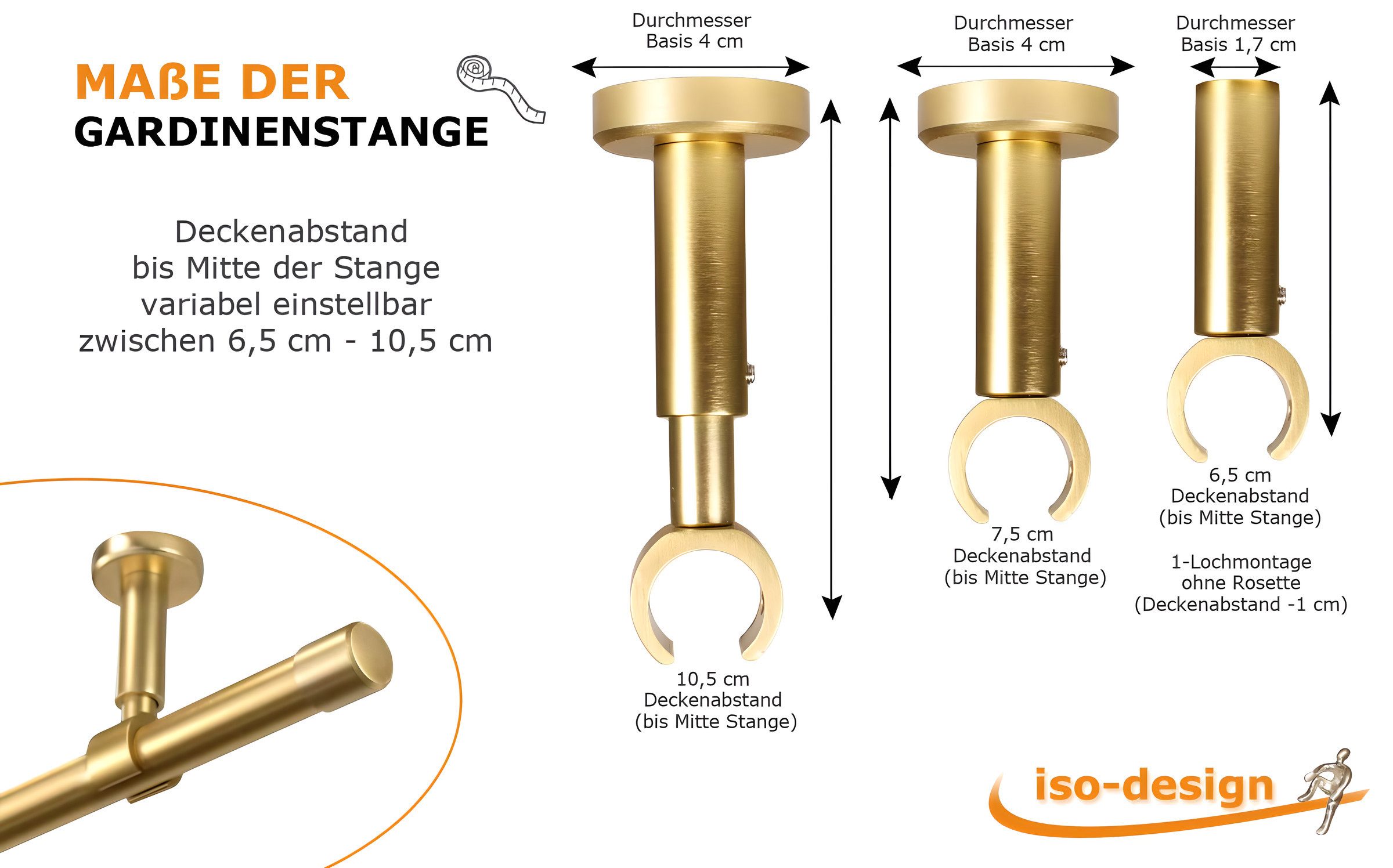 iso-design Gardinenstange Set zur Montage an der Decke mit 20 mm Durchmesser 1-läufig, Ø 20 mm, 1-läufig, Deckenmontage, geschraubt, Aluminium, Variabler Decken – Bild 5 von 5