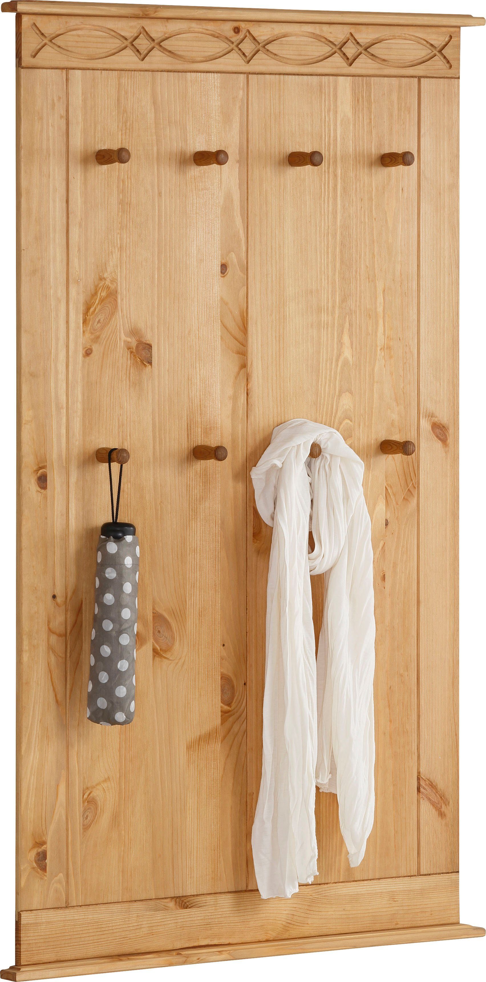 OTTO home Garderobenpaneel Indra Wandgarderobe mit 8 Haken und dekorativer Fräsung (B/T/H: 63/6/100 cm), aus massiver Kiefer, 8 Haken mit einer natürliche Maserung