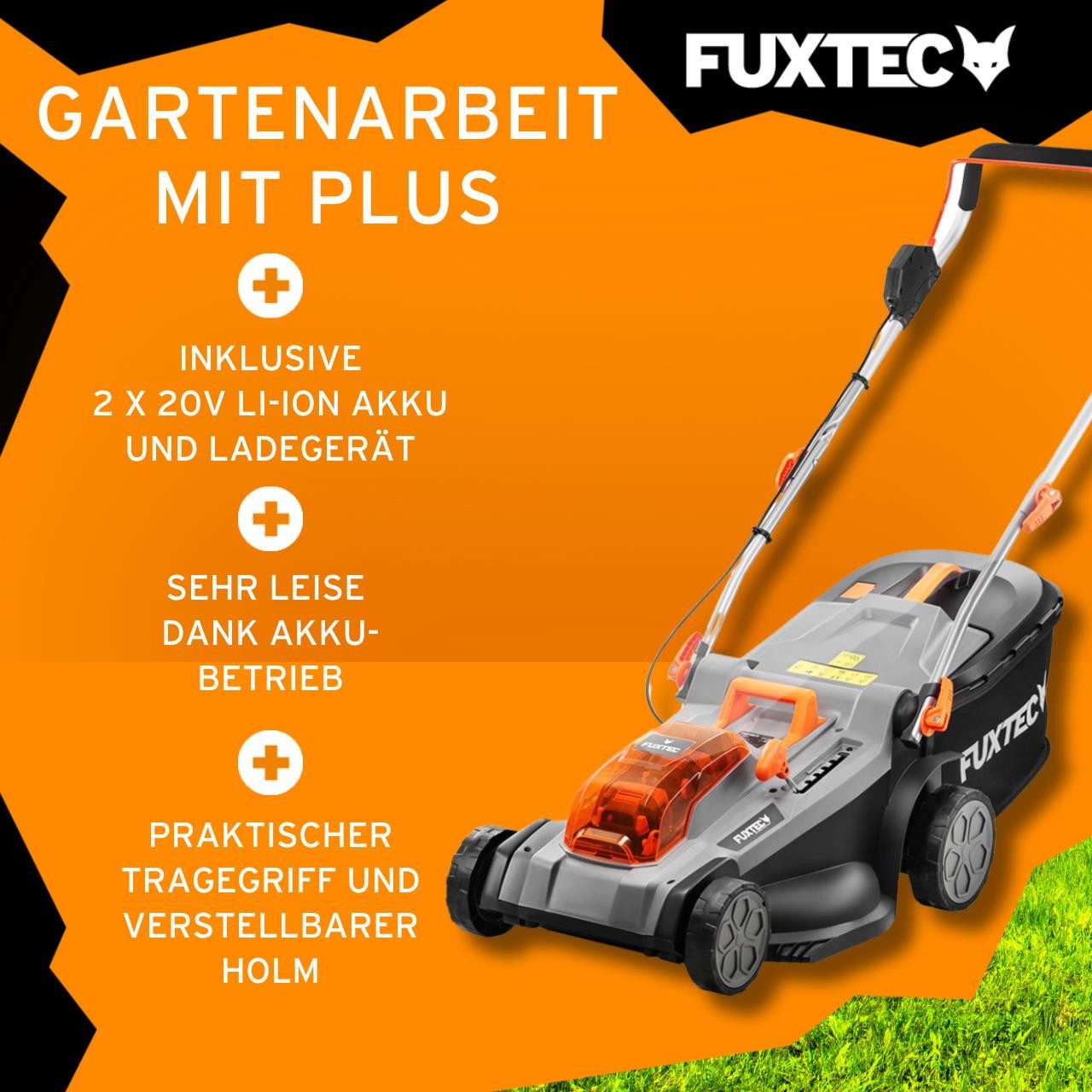 FUXTEC Akkurasenmäher FX-E2RM37SET, 37 cm Schnittbreite, 37 cm Schnittbreite, 40 L Fangkorb, E-Start, 2x20V Akku, 25-75mm
