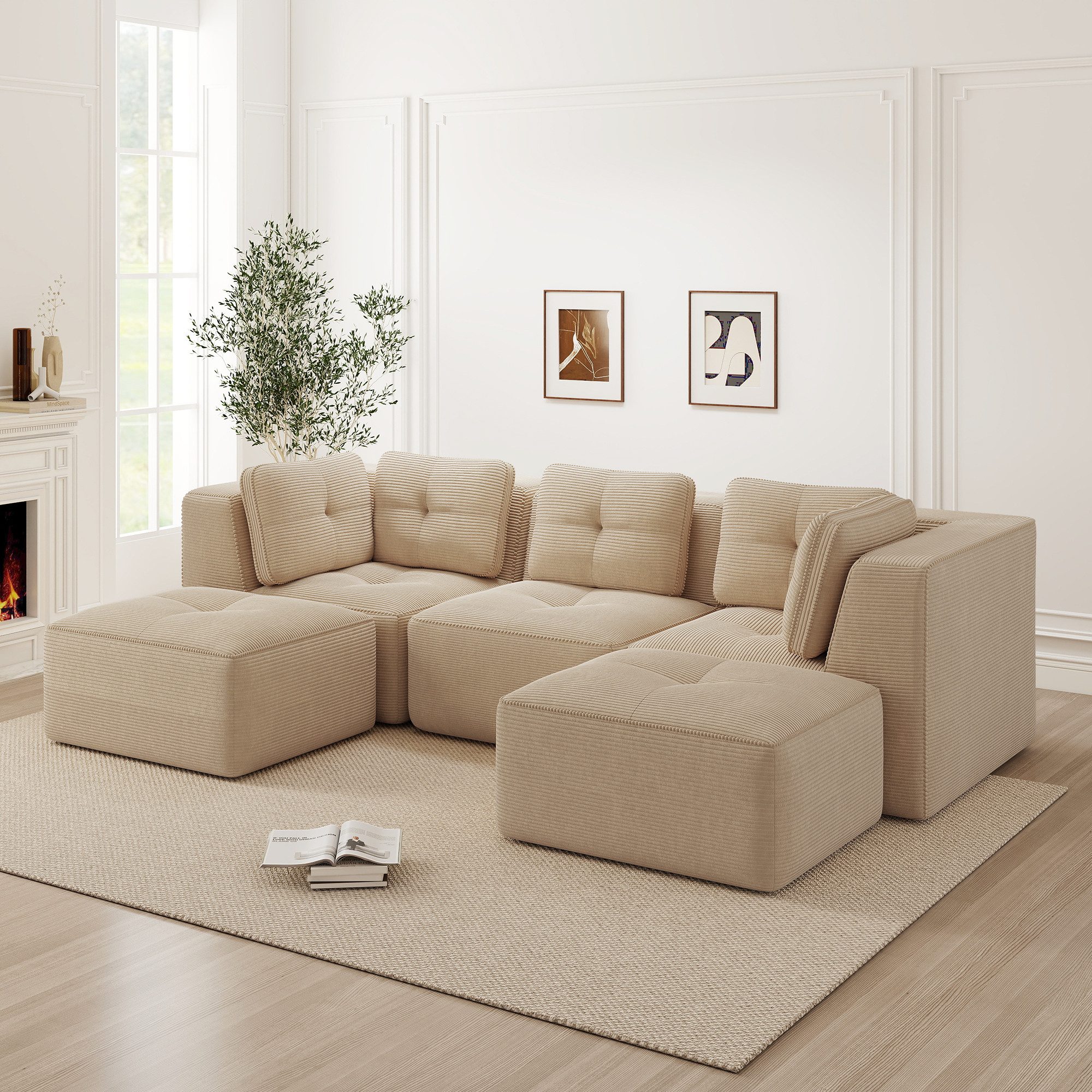 Odikalo Sofa Ecksofa Schlafsofa Modulares Sofa, Cord, Knochenloses, U-förmiges Ecksofa mit Ottomane, geeignet für das Wohnzimmer, keine Montage erforderlich