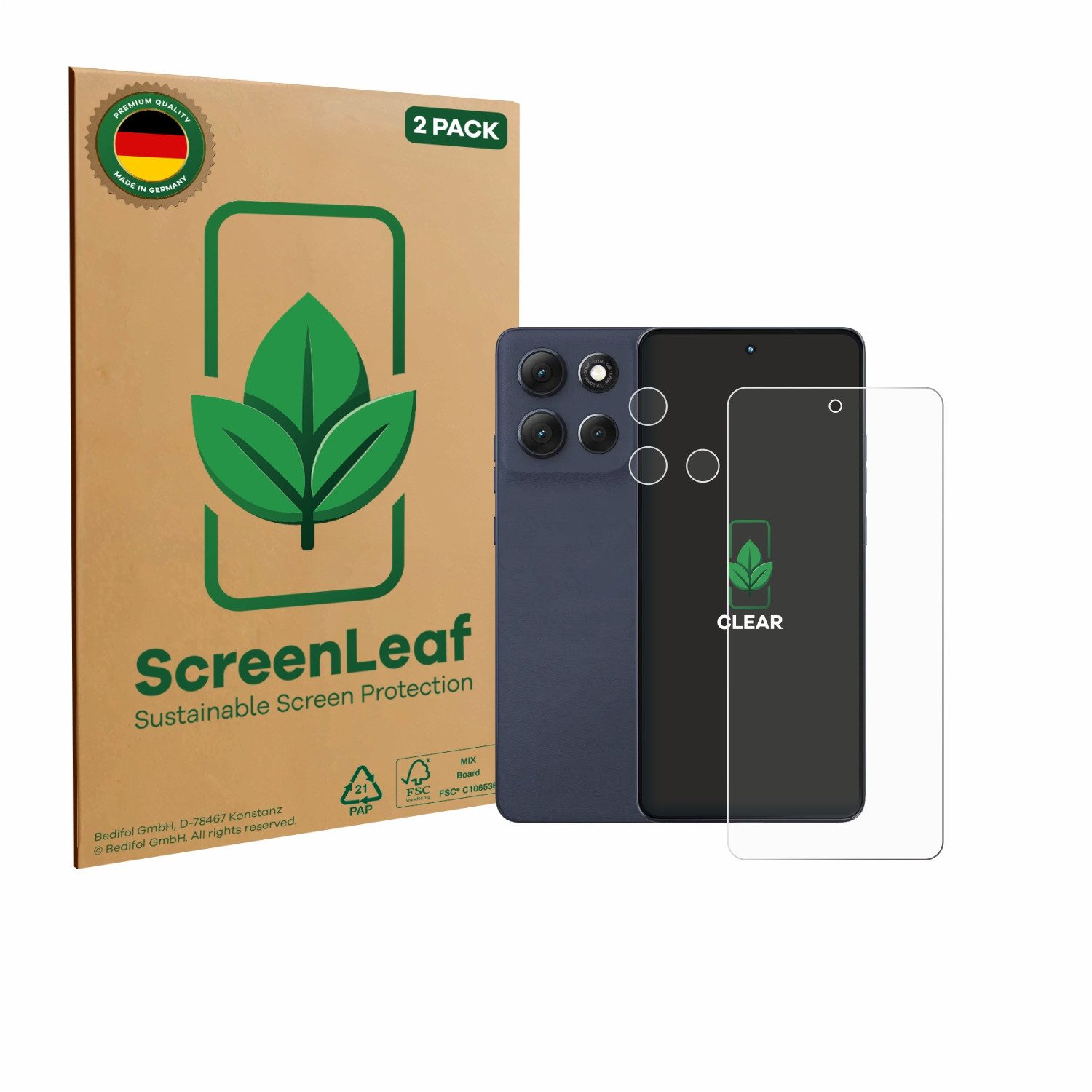 ScreenLeaf Displayschutzfolie Schutzfolie für Motorola Moto G86 (Display+Kamera), 2 Stück, nachhaltiger Displayschutz Schutz Folie Klar Transparent