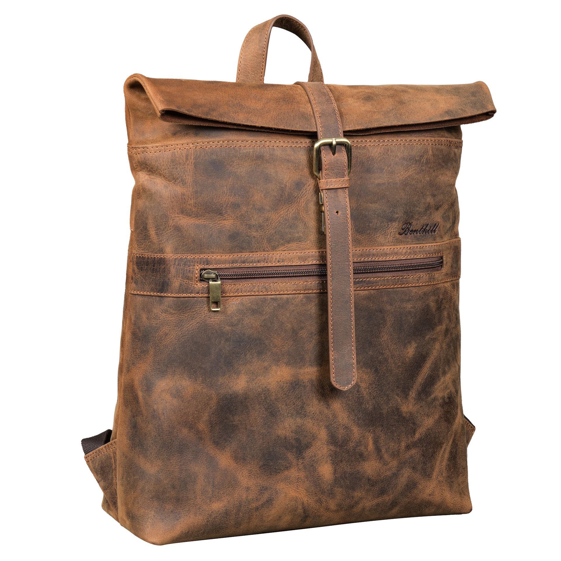 Benthill Rucksack Echt Leder Rucksack Damen Herren Rolltop Fahrradrucksack Backpack, Reißverschlussfach