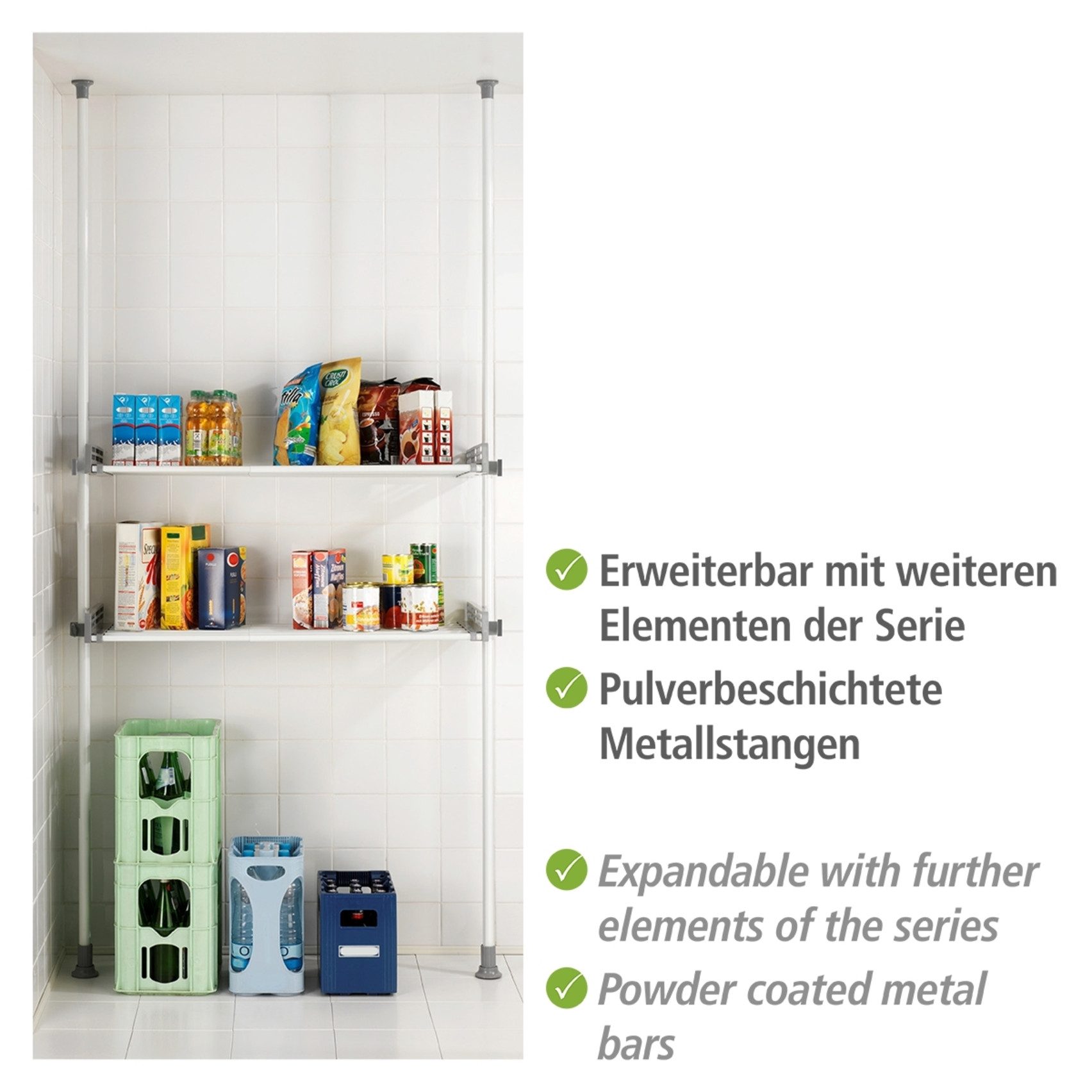 WENKO Teleskopregal Modell Herkules Twin, Set, 2 Trägerstangen, 2 verstellbare Ablagen, ideal für Bad & Abstellkammer – Bild 5 von 5