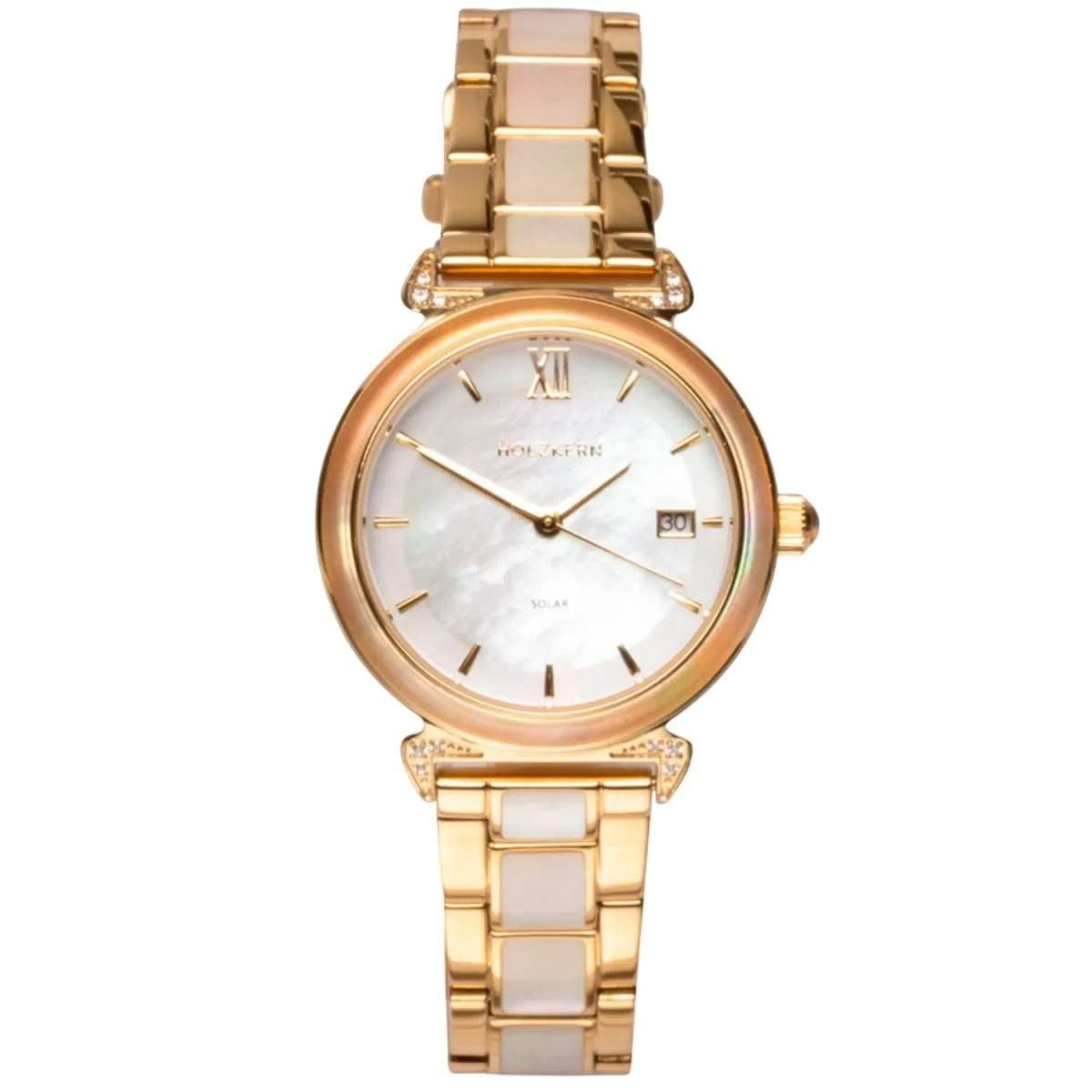 Holzkern Solaruhr 9010631019587, für Damen Sunglister Weißes Perlmutt/Goldfarben