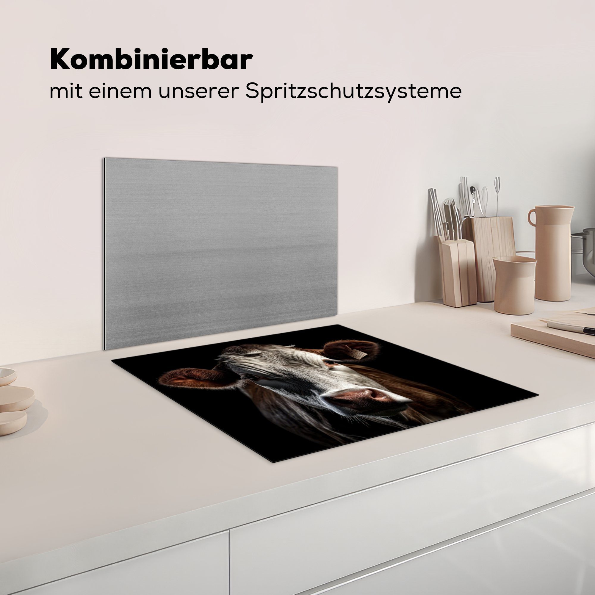 Schwarz, Arbeitsfläche 60x52 Tiere Ceranfeldabdeckung Vinyl, MuchoWow - Mobile - Porträt cm, Kühe tlg), nutzbar, Herdblende-/Abdeckplatte (1 -