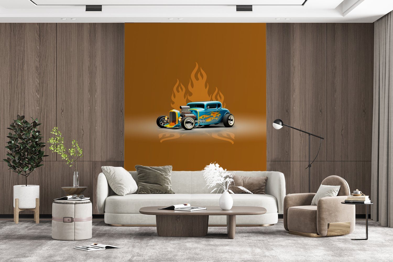 MuchoWow Fototapete Auto - Flammen Gelb Tapete bedruckt, - St), Montagefertig Wandtapete - Matt, (4 für Wohnzimmer, Vinyl Vintage