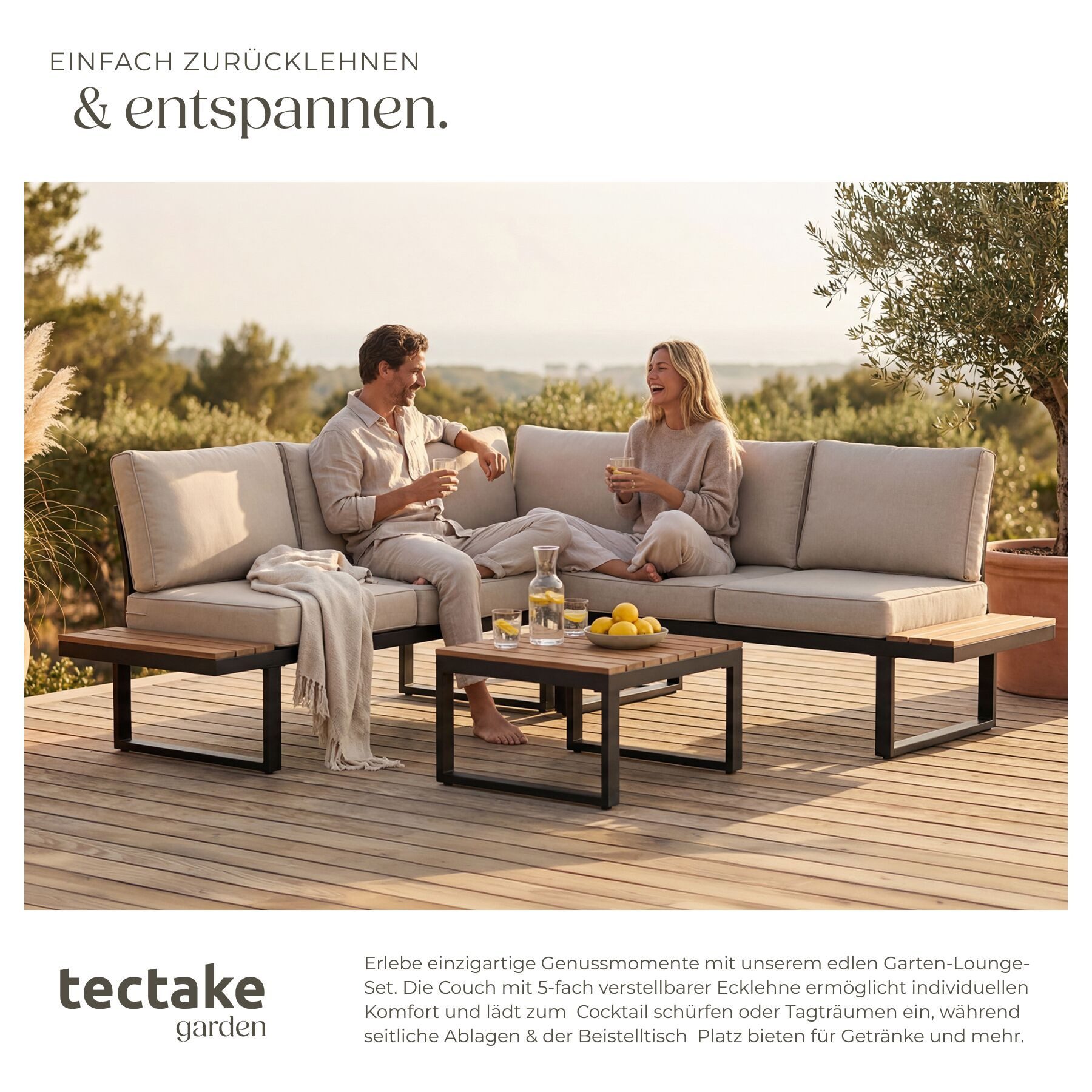 tectake Gartenlounge-Set Aluminium-Outdoor-Lounge, dicke Polster mit abnehmbaren Bezügen, (Garten-Sitzgruppe Eliar, 1-tlg., in schwarz), Wetterfest, verstellbar – Bild 4 von 5