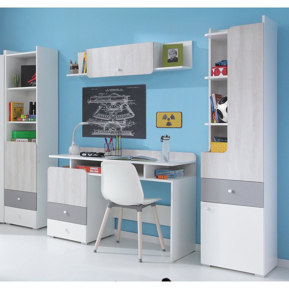 Lomadox Schreibtisch COLLINS-133, Jugendzimmer Kinderzimmer Büro Tisch weiß Eiche hell grau 125x86x55