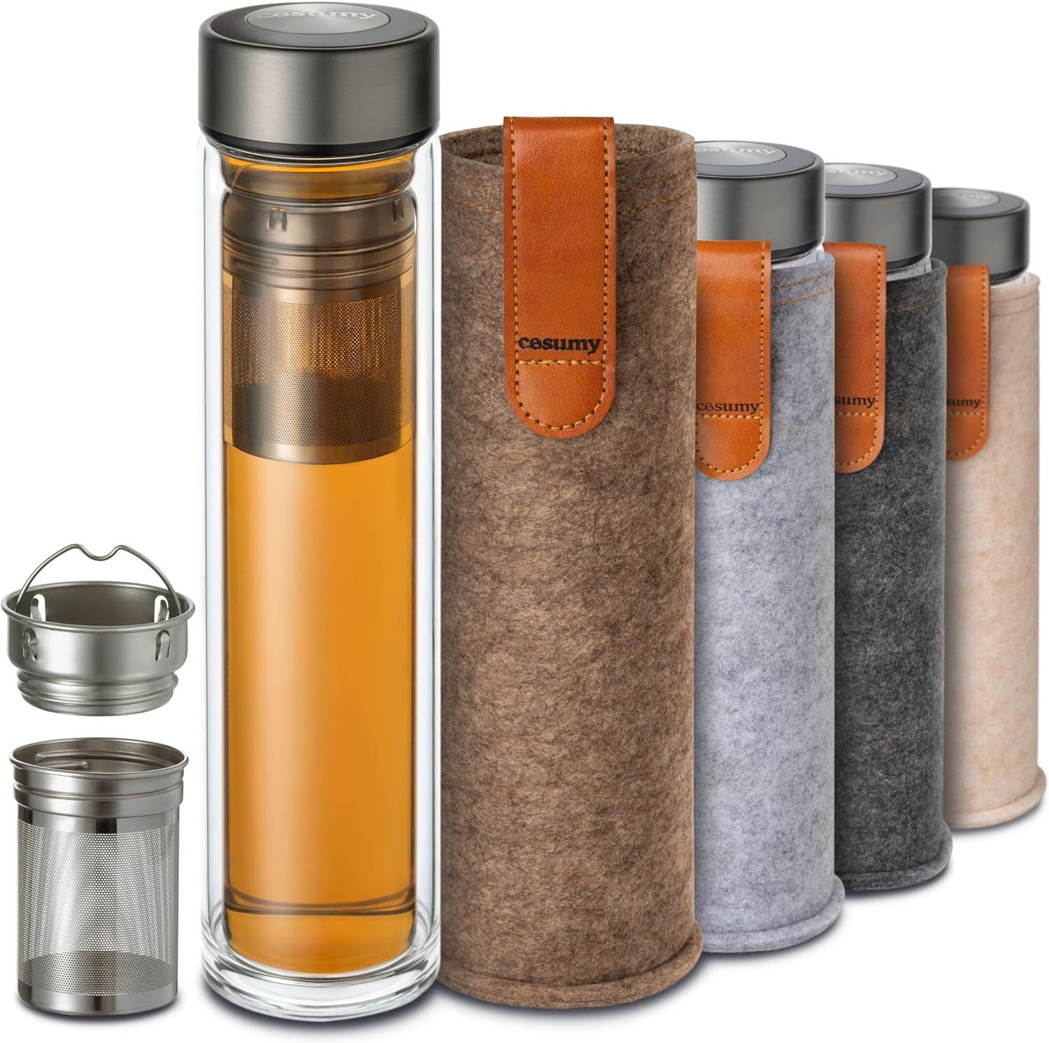 Cosumy Isolierflasche Glas Teeflasche mit Sieb und Sandbraun Tasche, Mit Sandfarben Filz 500 ml - Glas Trinkflasche & Thermoskanne 0,5 l