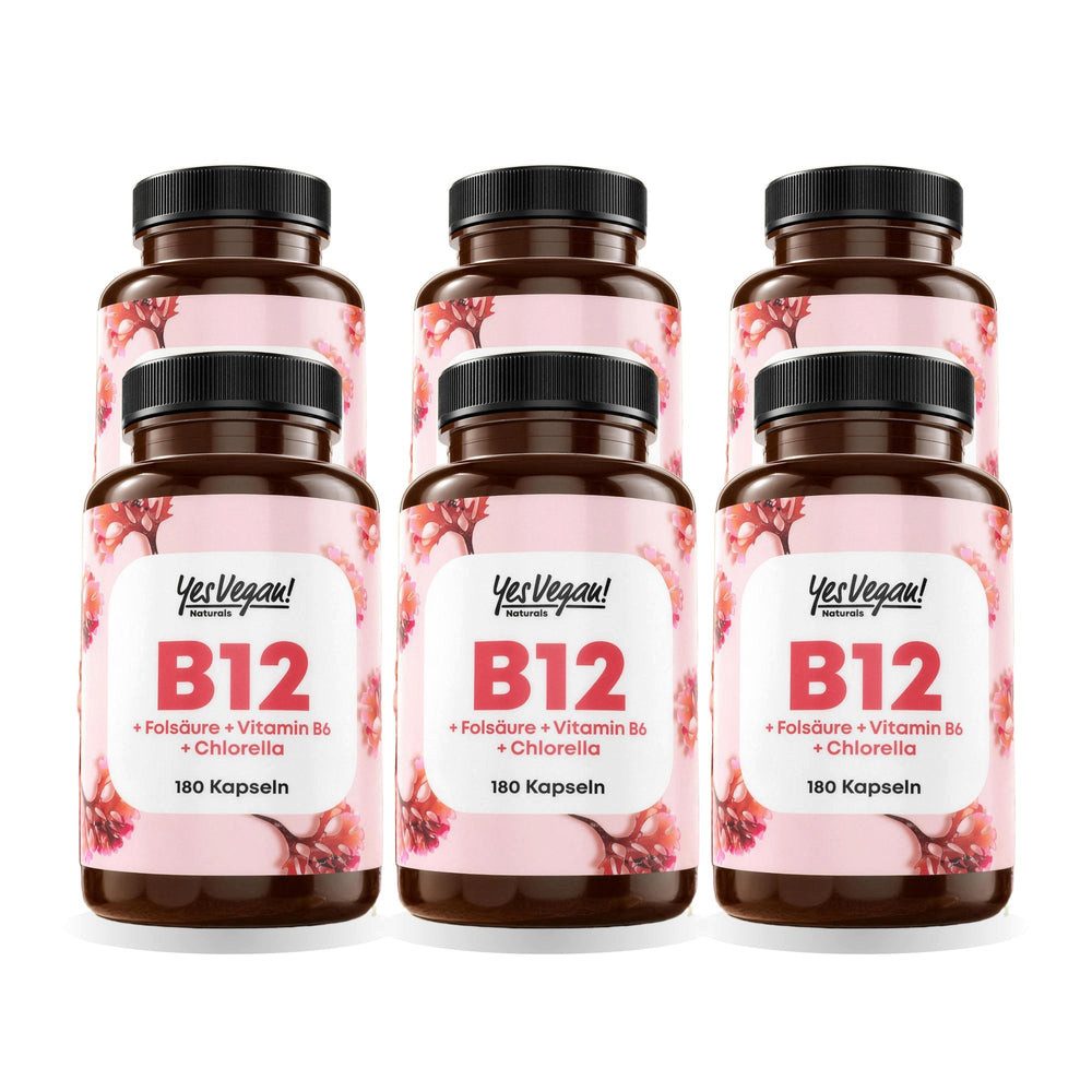 Yes Vegan Vitamin B12 hochdosiert 500 µg mit B6 + Folsäure Kapseln, 6 er Spar-Set à 180 St., 55 g, vegan, laktosefrei, glutenfrei