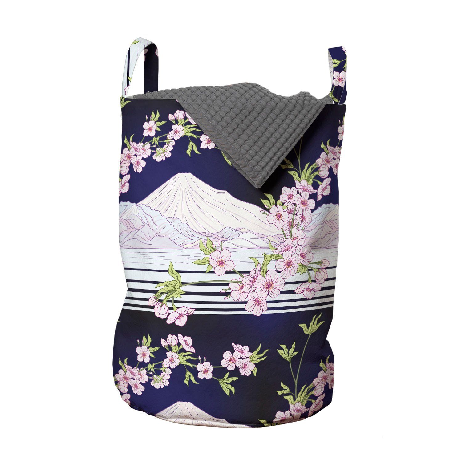Abakuhaus Wäschesäckchen Wäschekorb mit Griffen Kordelzugverschluss für Waschsalons, Blumen Japanese Blossom Berg Hill